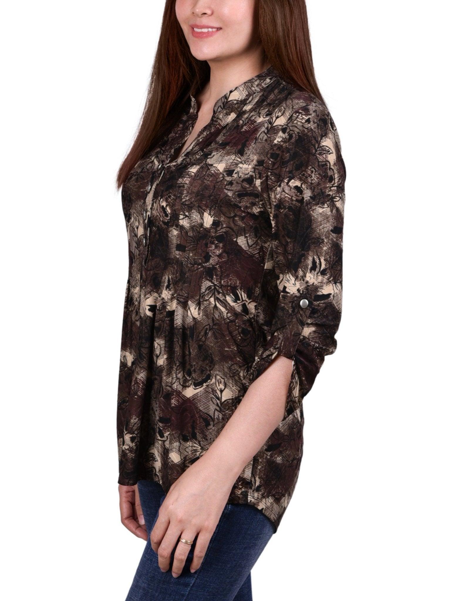 Taupe Milaflor 3/4 Sleeve Roll Tab Y Neck Top - Petite Product Image