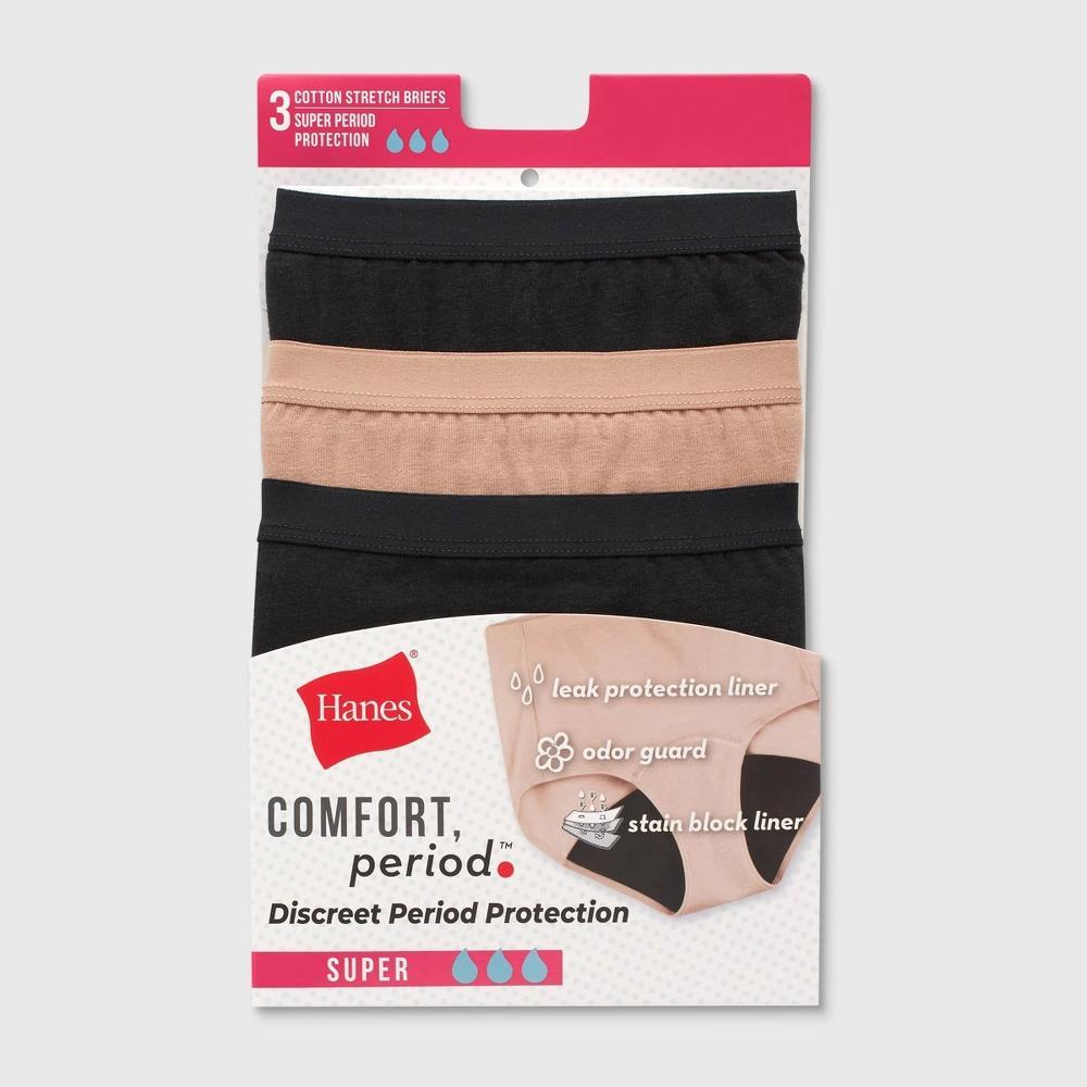 Hanes Women's 3pk Comfort Period Briefs, Super Leaks - Black XL: Moisture Wicking, Absorbent Center Panel, Machine Washable Product Image