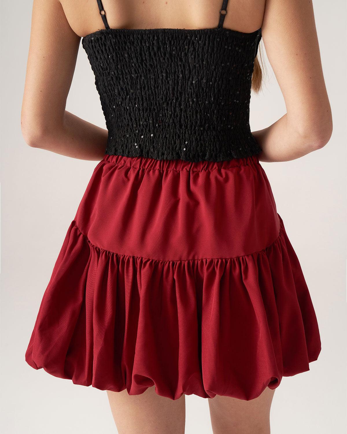 Bettydress-Red Elastic Waist Bubble Mini Skirt Product Image