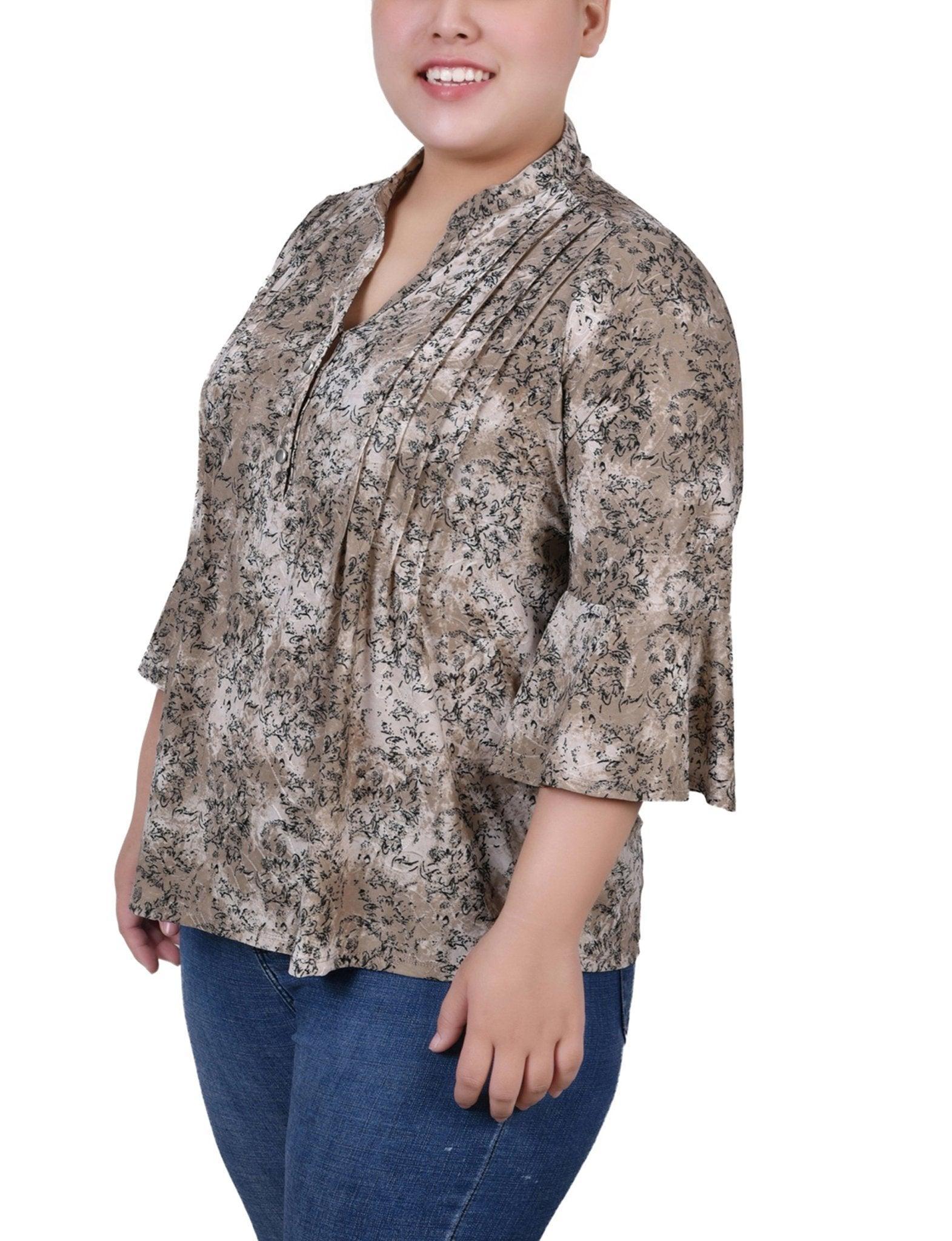 Taupe Etch 3/4 Bell Sleeve Pleat Front Y Neck Top - Plus Product Image