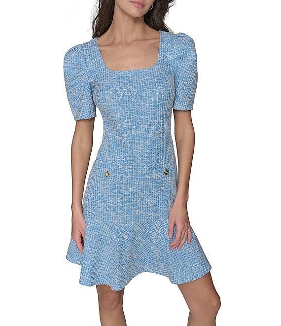 KARL LAGERFELD PARIS Tweed Square Neck Short Sleeve Rhinestone Button Detail Fit and Flare Mini Dress Product Image