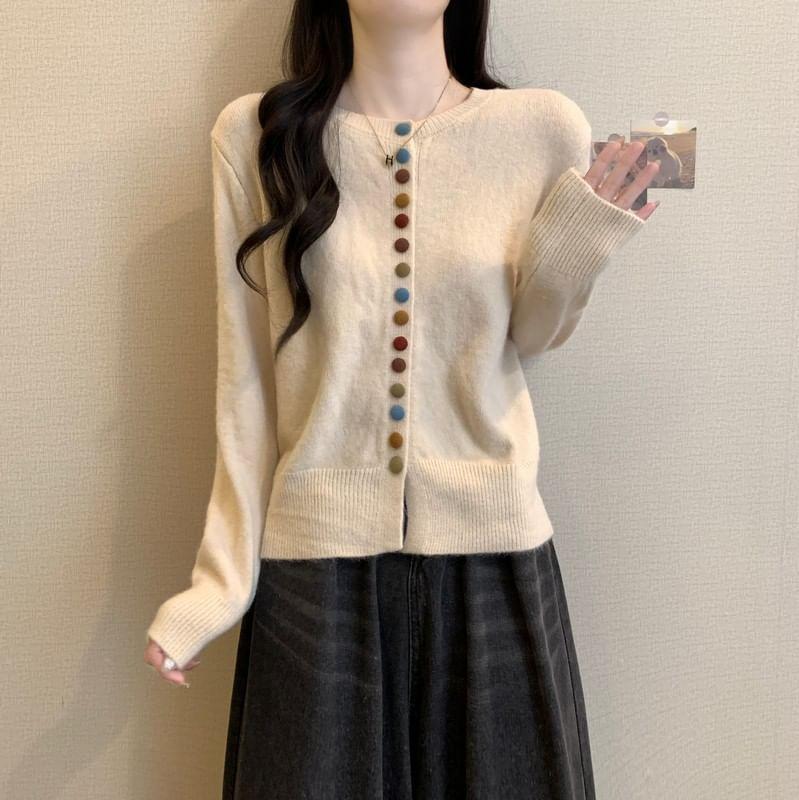 Crew Neck Plain Button-Up Cardigan Product Image