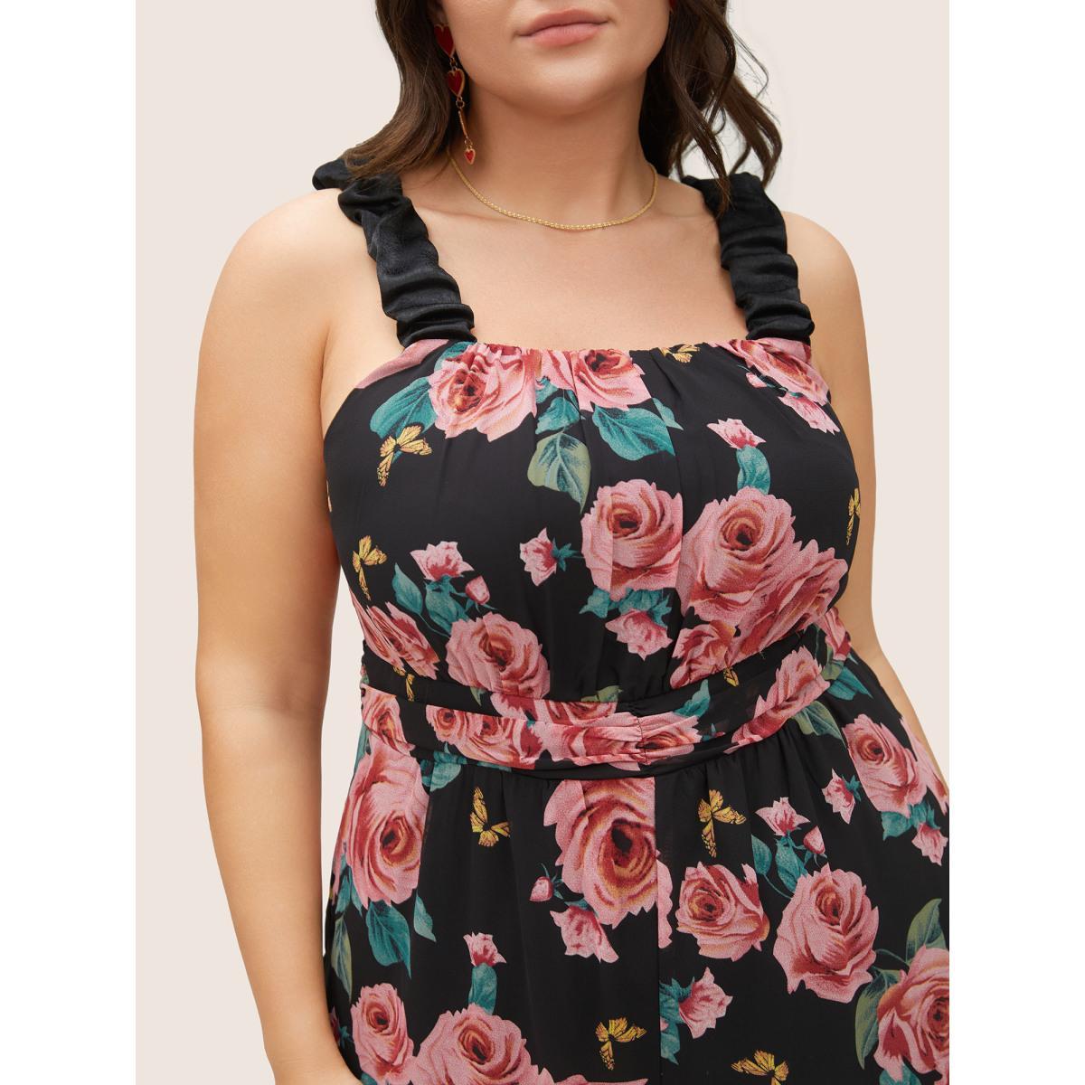 Plus Size BlackFlower Floral Print Ruched Detail Pocket Cami Jumpsuit Women Elegant Sleeveless Non Everyday Loose Jumpsuits BloomChic 12/L Product Image
