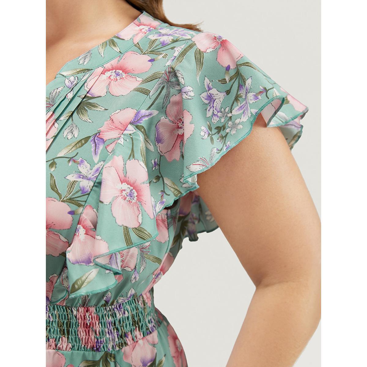 Plus Size Floral Pleated Shirred Notched Pocket Ruffle Trim Shirred Dress Mint Women Elegant Pleated Notched collar Cap Sleeve Curvy Midi Dress BloomChic 10/M Product Image