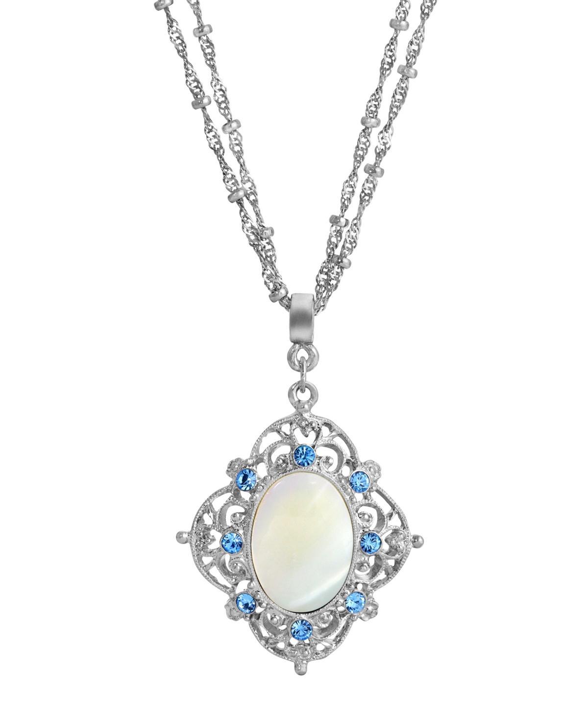 1928 Silver Tone Aqua and Simulated Oval Pearl Necklace, Womens, White Product Image