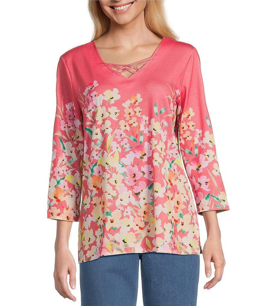 Allison Daley Living Floral Print 3/4 Sleeve Criss Cross V-Neck Knit Top Product Image