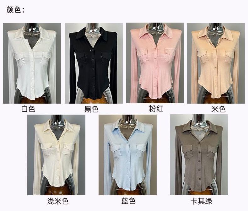 Long-Sleeve Plain Pocket Detail Sheer Slim Fit Shirt Product Image