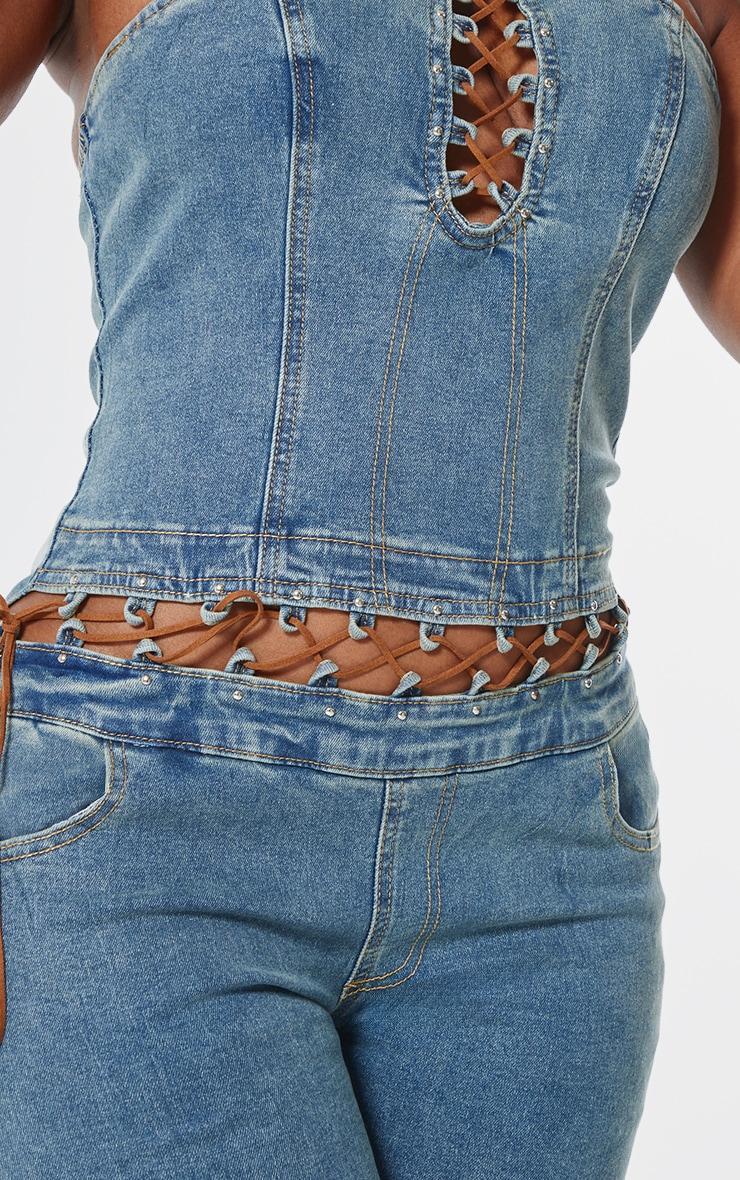 Shape Light Blue Wash Denim Bandeau Lace Up Detail Jumpsuit Product Image