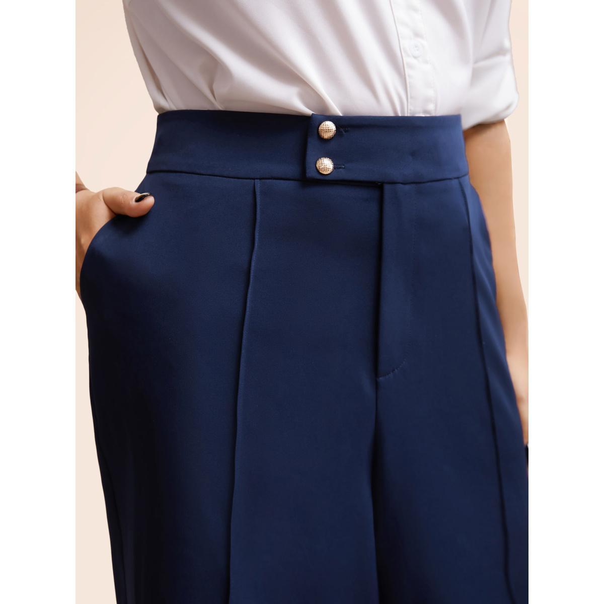 Plus Size Stretch Woven Metal Buckle Wide Leg Pants Women Indigo At the Office Wide Leg Mid Rise Work Pants BloomChic 30/6X Product Image