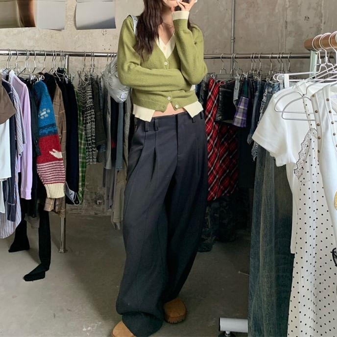 Mock Two-Piece Long-Sleeve V-Neck Two Tone Button Crop Knit Top Product Image