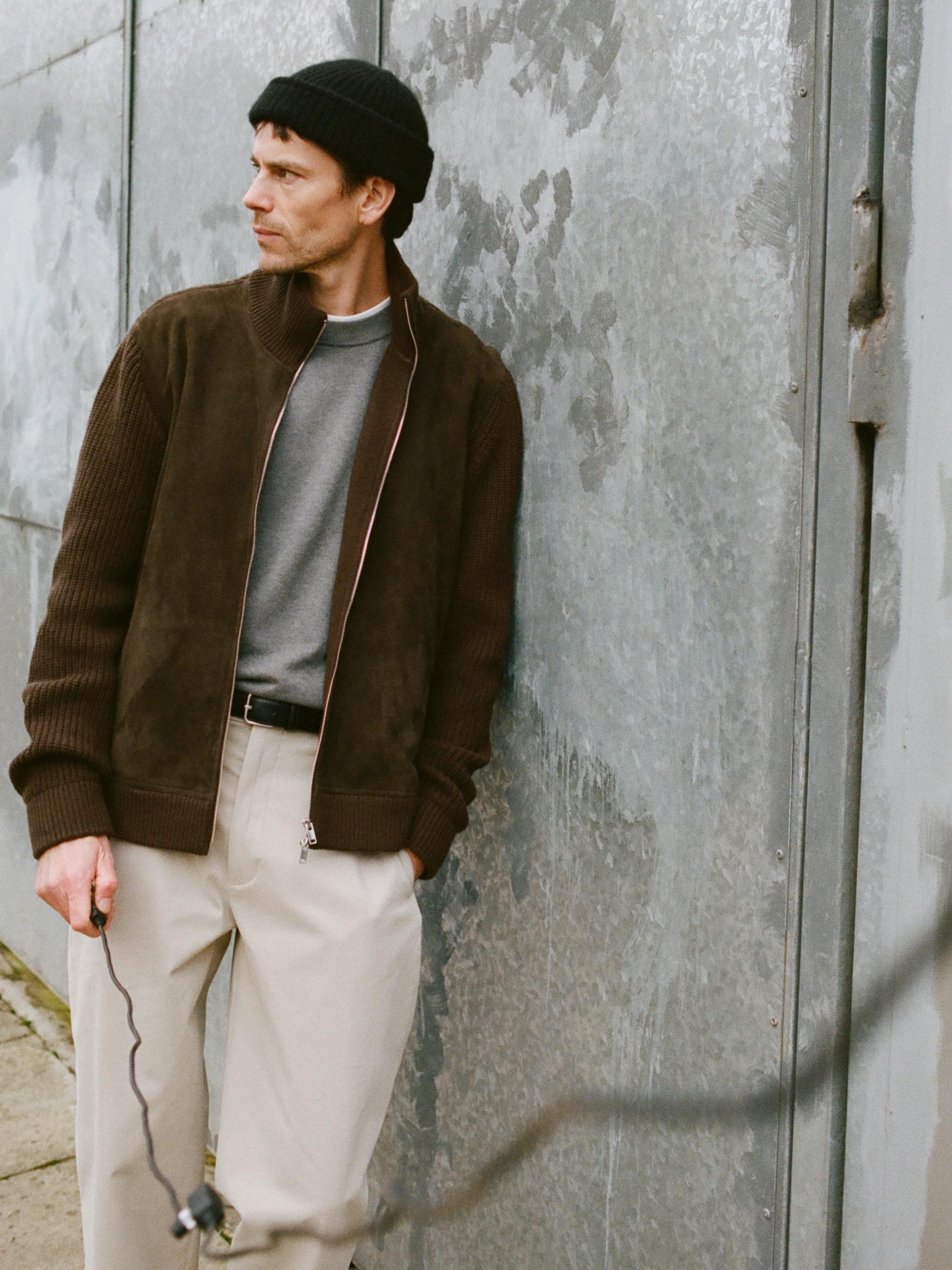 Contrast knit suede leather jacket · Brown · Sweaters And Cardigans | Massimo Dutti Product Image