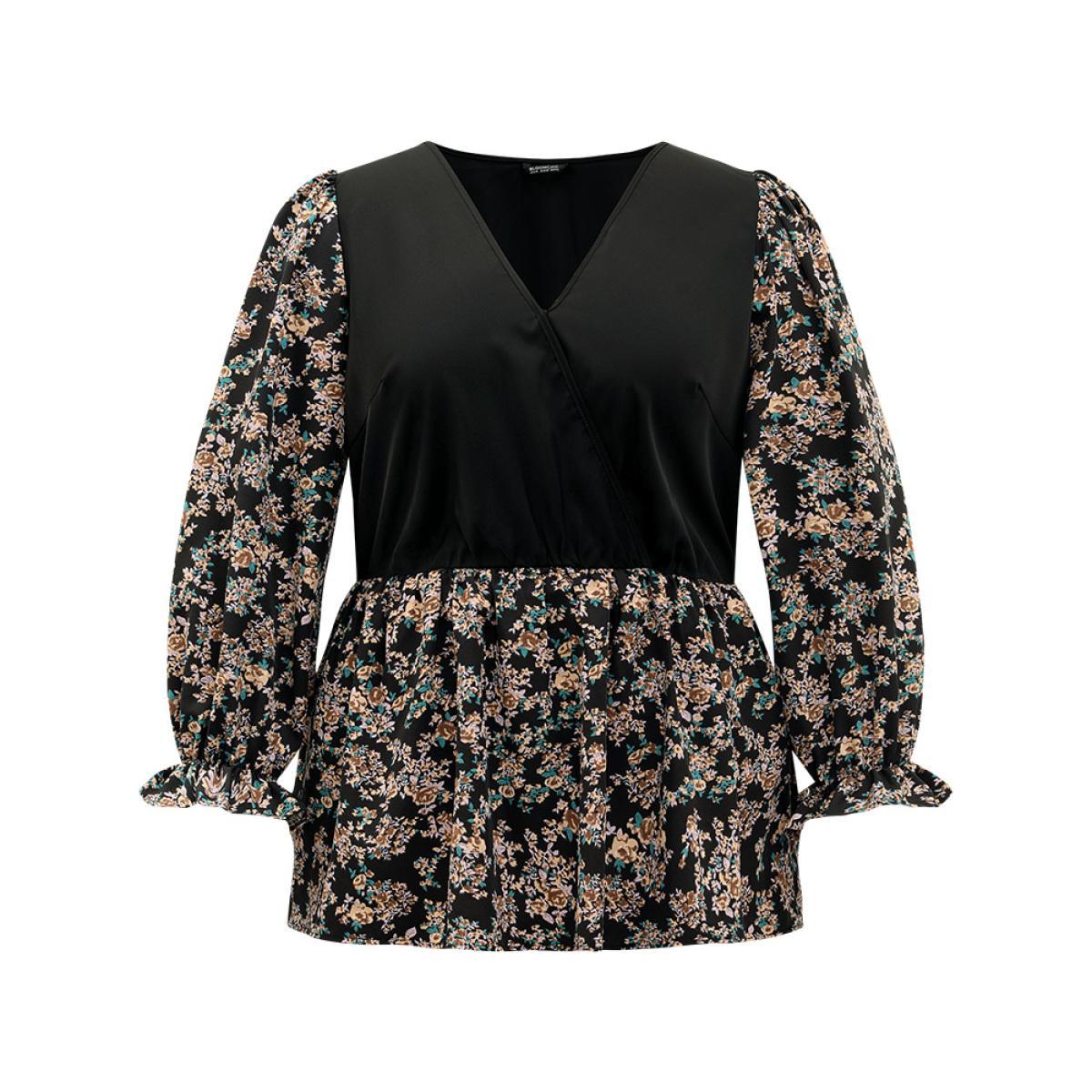 Plus Size Black Ditsy Floral Patchwork Elastic Waist Blouse Women Elegant Long Sleeve V-neck Everyday Blouses BloomChic 30/6X Product Image