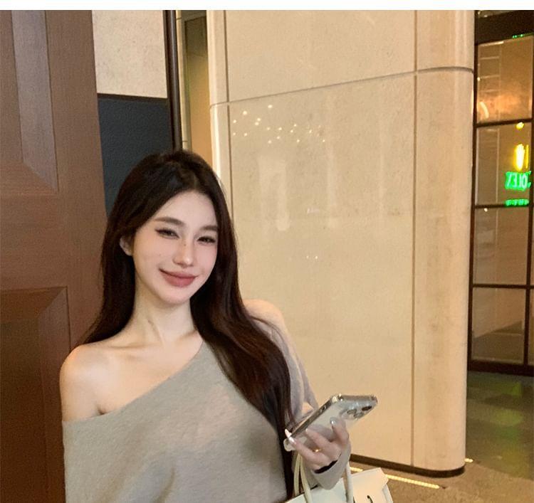 Long-Sleeve Off-Shoulder Plain Knit Top Product Image