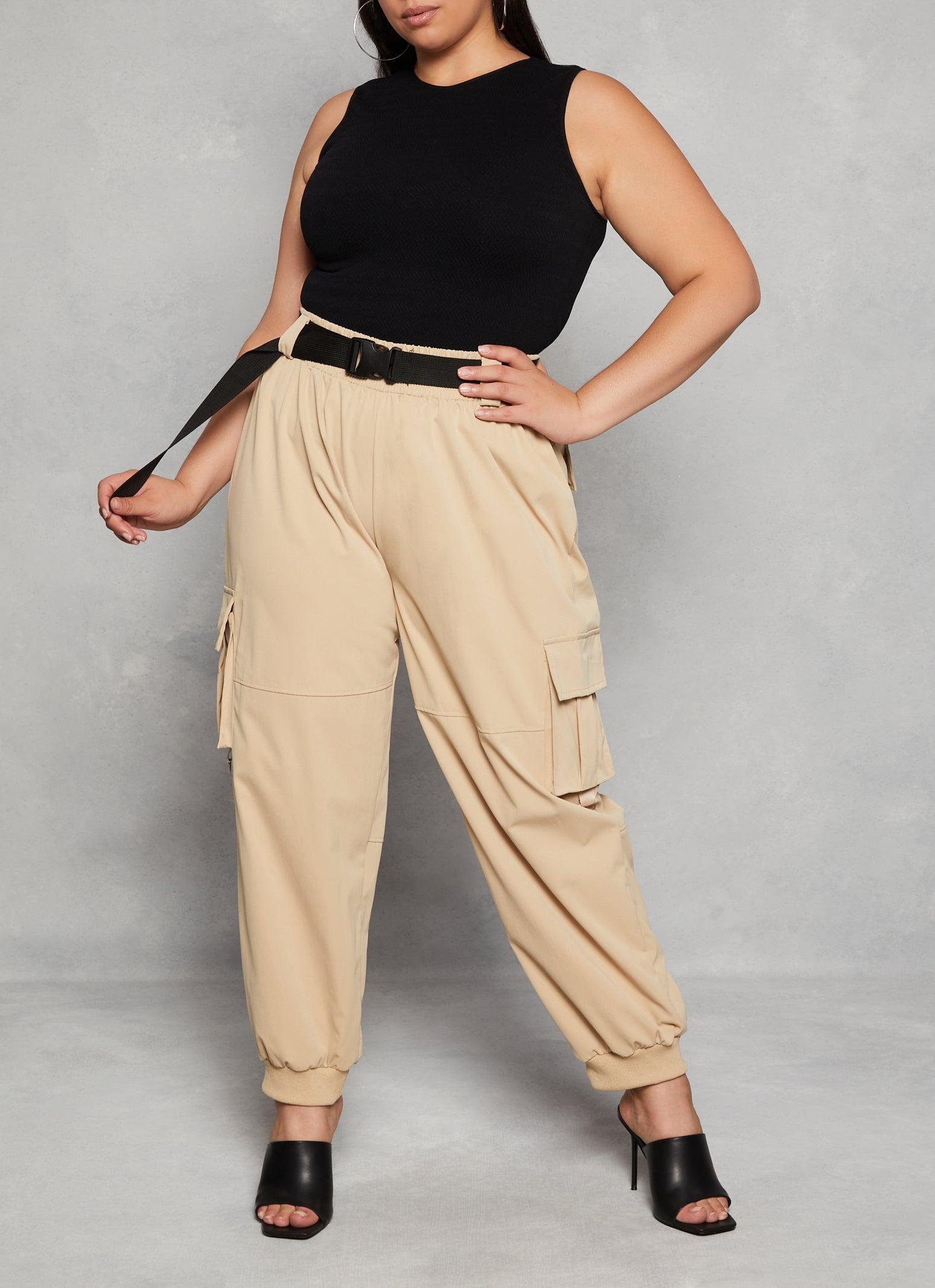 Womens Plus Size Poplin Belted Cargo Joggers Product Image