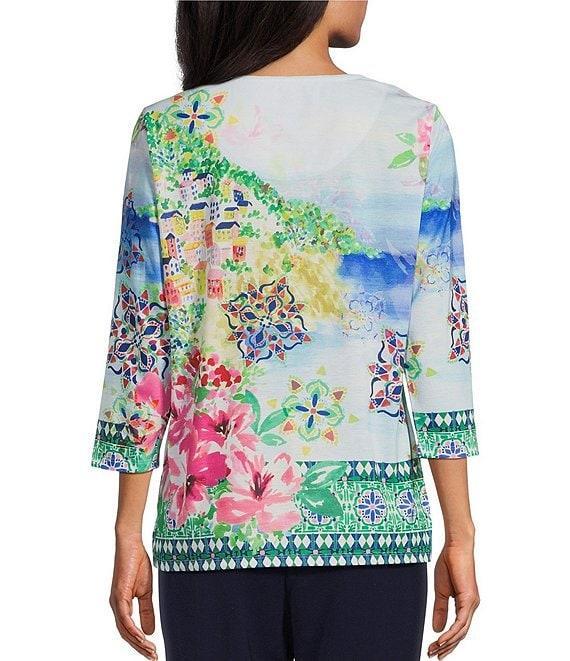 Allison Daley Amalfi Coast Print 3/4 Sleeve Crew Neck Knit Top Product Image