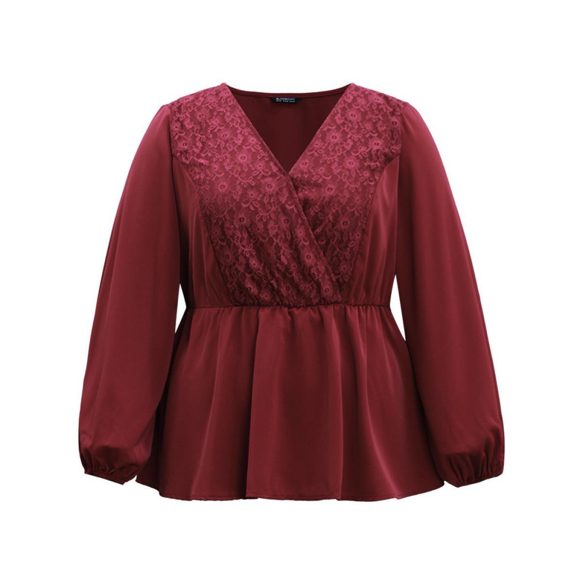 Plus Size Scarlet Static-Free Contrast Lace Lantern Sleeve Blouse Women Office Long Sleeve V-neck Work Blouses BloomChic 14-16/1X Product Image