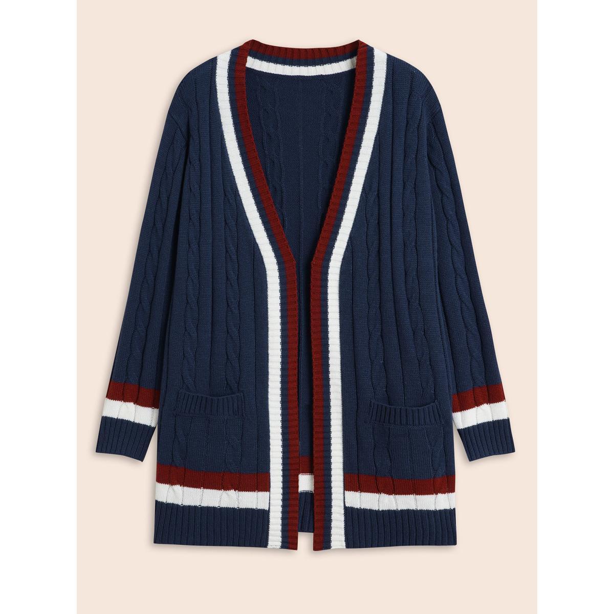 Plus Size Contrast Striped Patch Pocket Cable Knit Cardigan Indigo Women Casual Loose Long Sleeve Everyday Cardigans BloomChic 18-20/2X Product Image