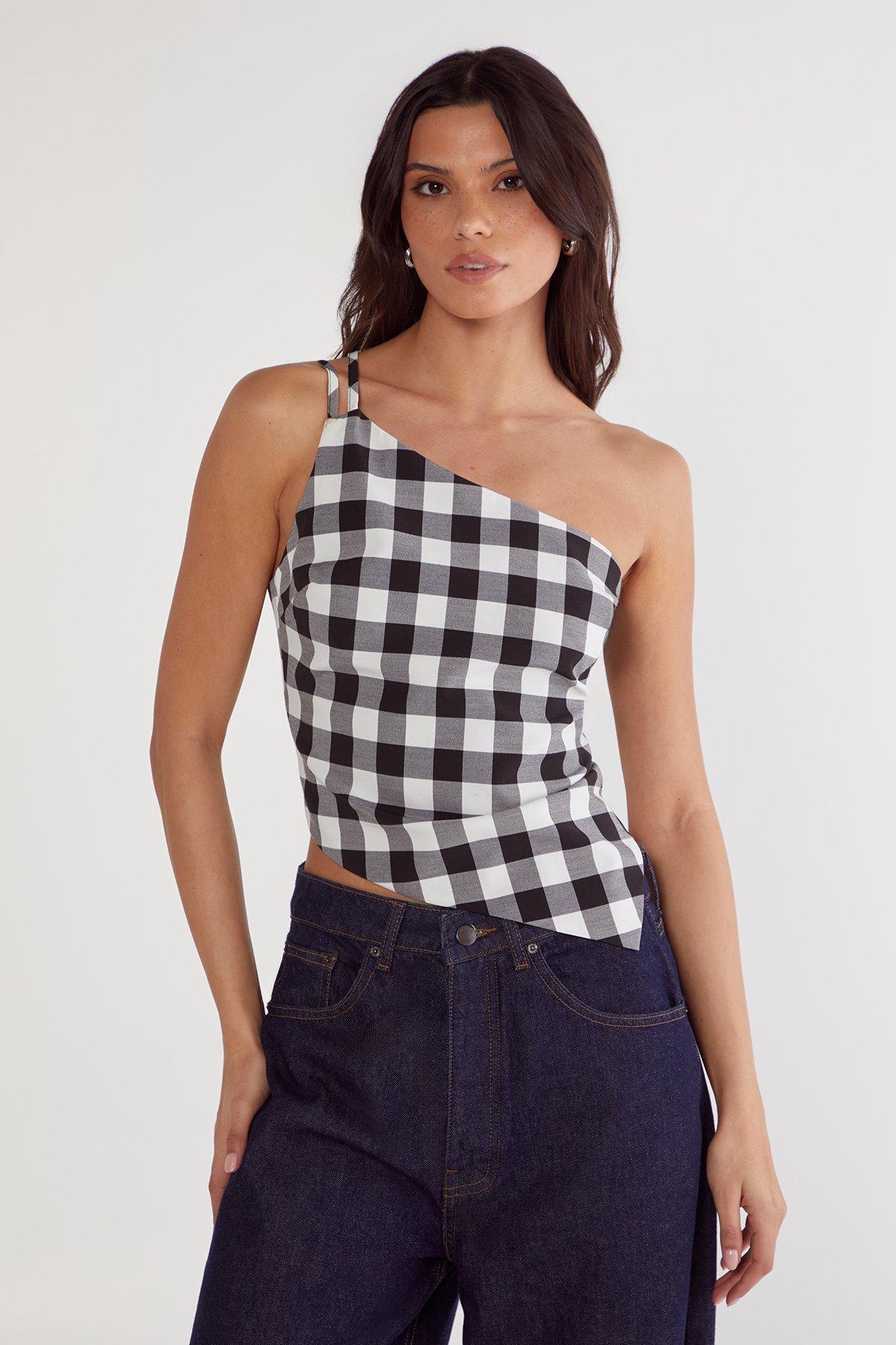Gingham Tailored Asym Neck Top Product Image