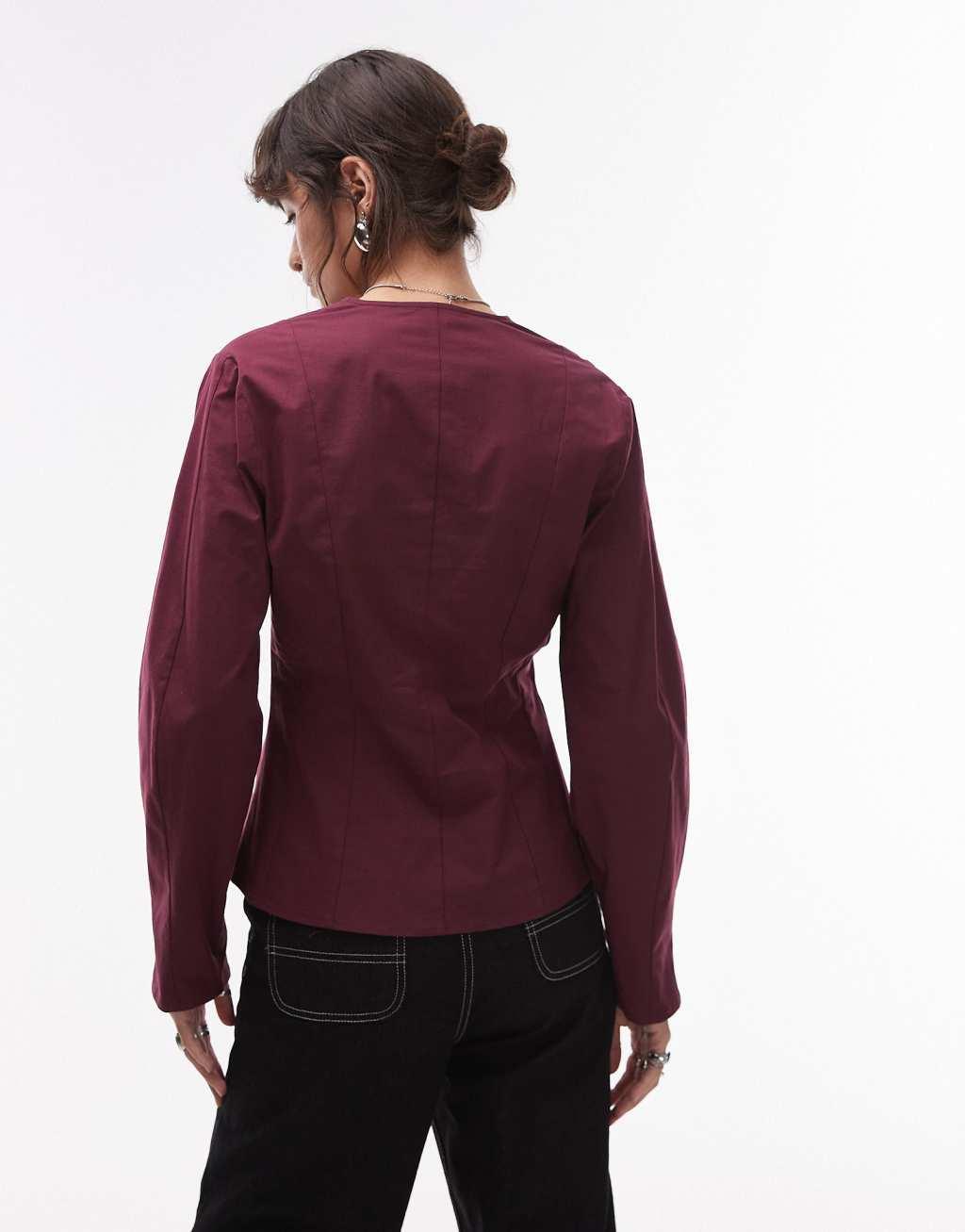 Topshop v neck cotton waisted long sleeve top in burgundy Product Image