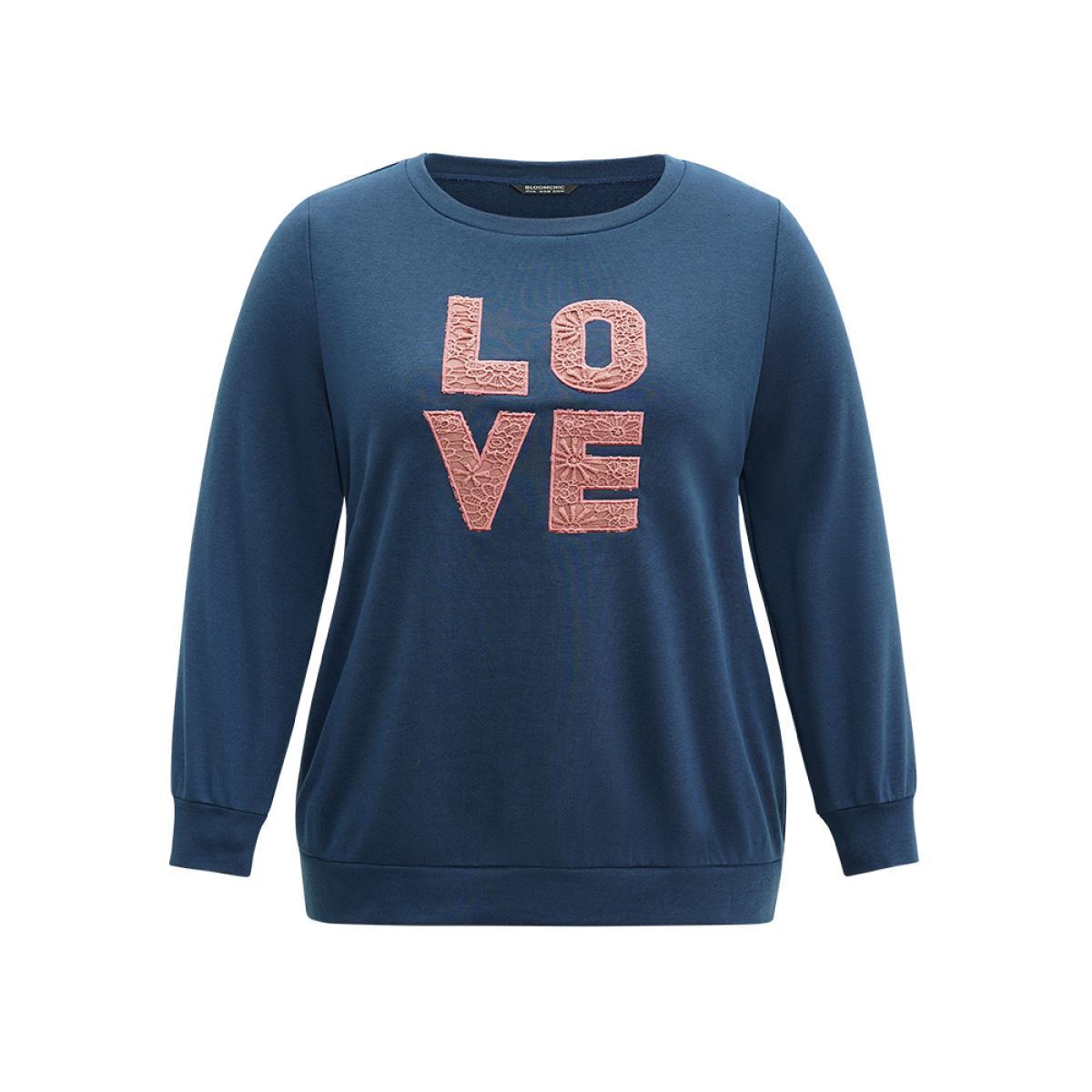 Plus Size Love Embroidered Patch Crew Neck Sweatshirt Women Indigo Casual Plain Dailywear Sweatshirts BloomChic 14-16/1X Product Image