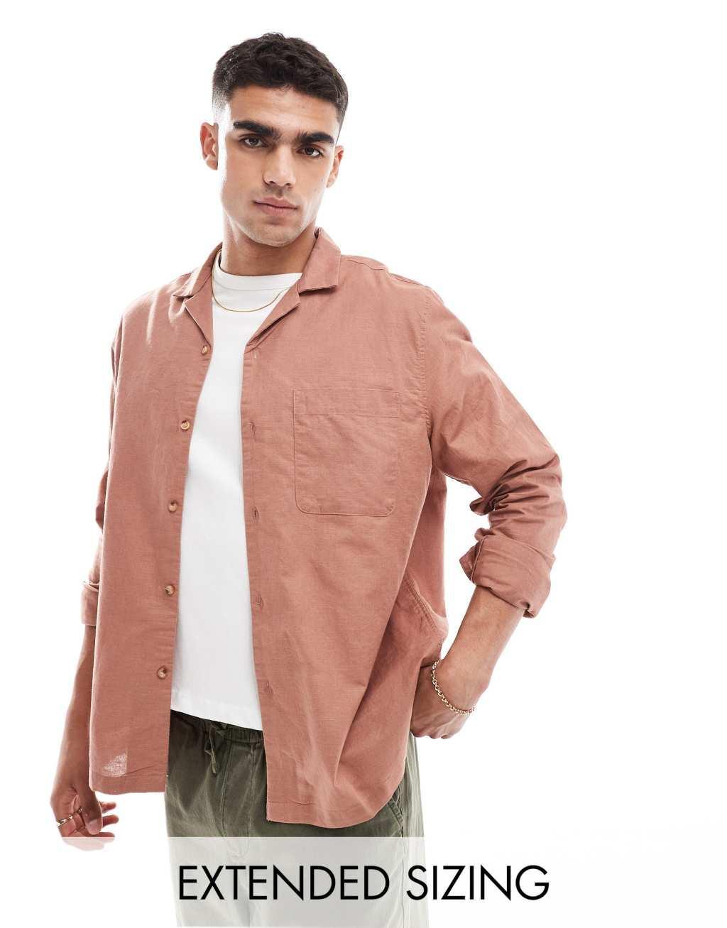 ASOS DESIGN relaxed linen blend shirt with revere collar in rust brown Product Image