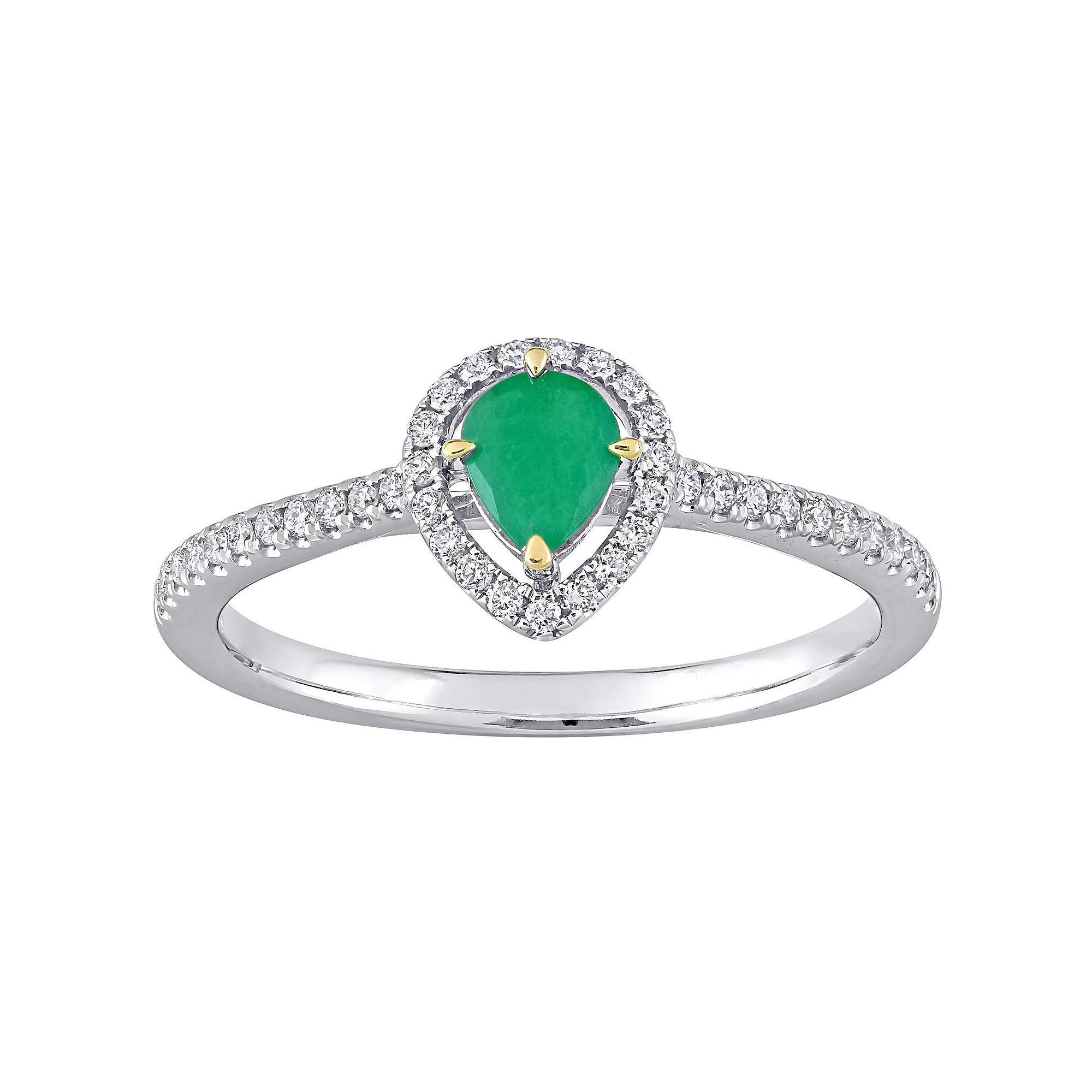 Stella Grace 14k Two Tone Gold Emerald & 1/5 Carat T.W. Diamond Teardrop Halo Ring, Women's, Size: 4.50 Product Image