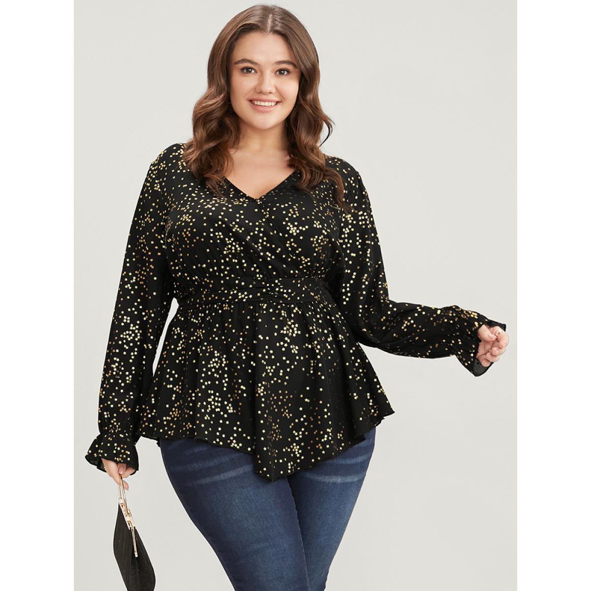 Plus Size Black Star Print Lantern Sleeve Asymmetrical Ruffles Hem Wrap Blouse Women Party Long Sleeve V-neck Going out Blouses BloomChic 26/4X Product Image