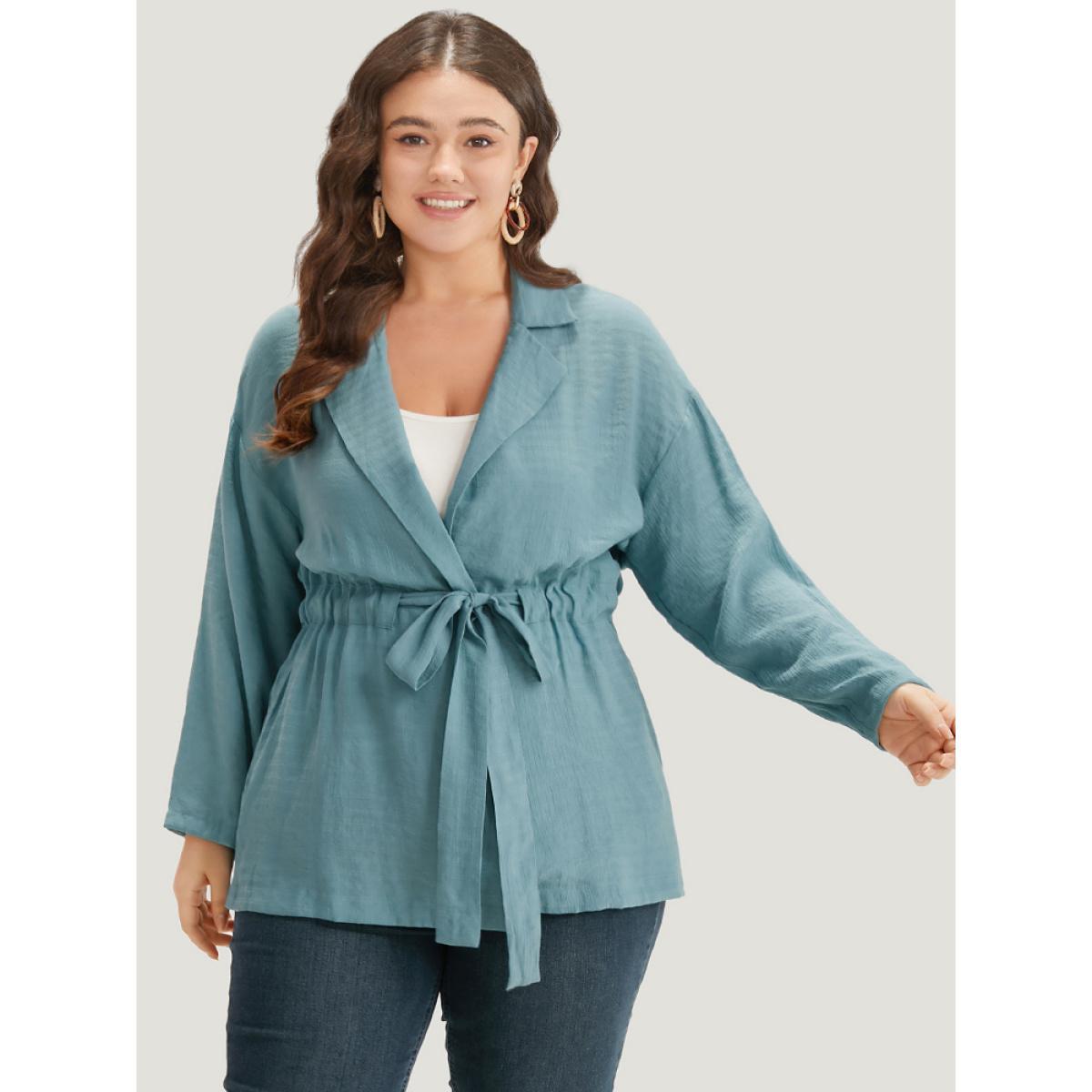 Plus Size Plain Suit Collar Drawstring Ties Kimono Women Cerulean At the Office Drawstring Belt Work Kimonos BloomChic 12/L Product Image