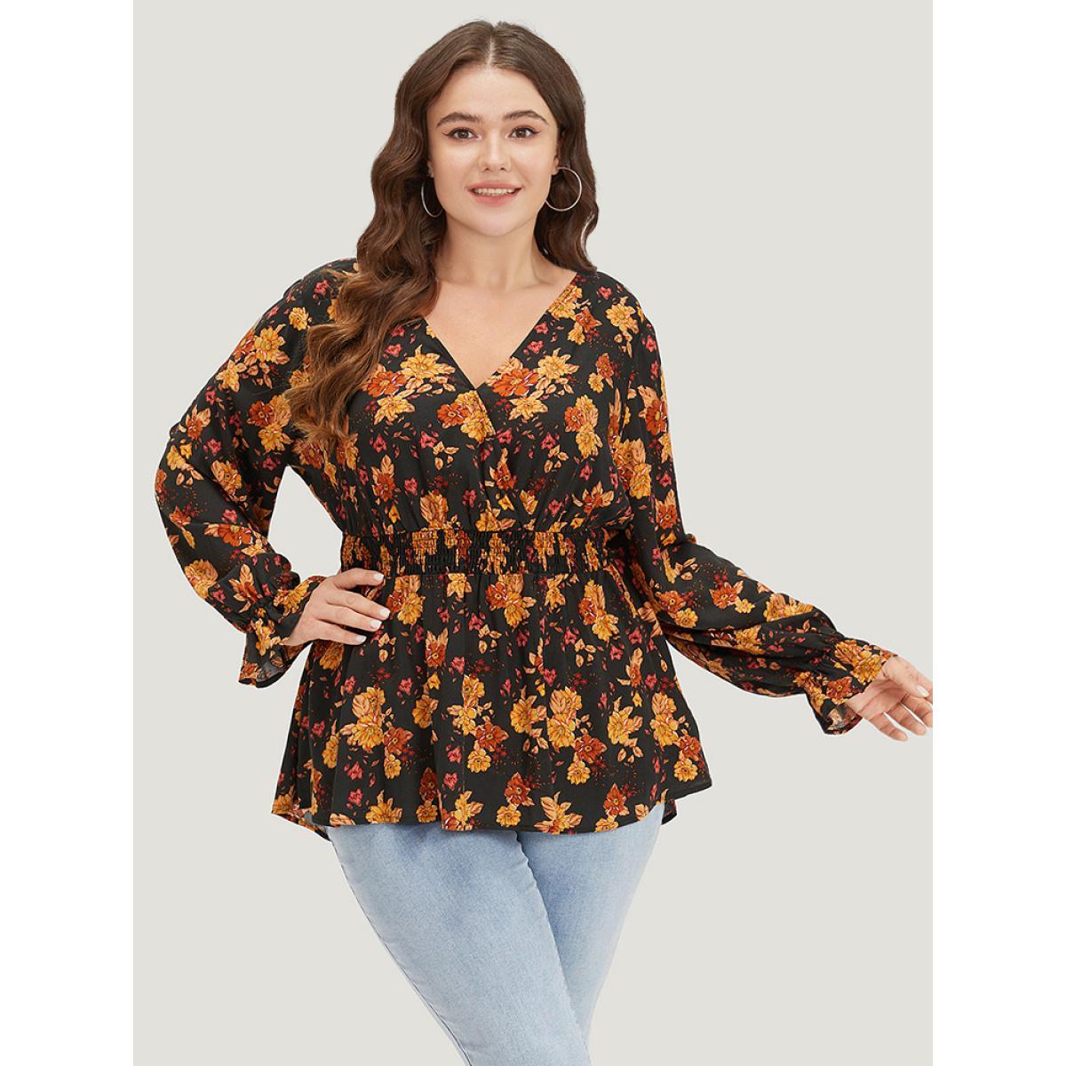 Plus Size Indigo Floral Print Wrap Shirred Lantern Sleeve Blouse Women Vacation Long Sleeve V-neck Dailywear Blouses BloomChic 10/M Product Image