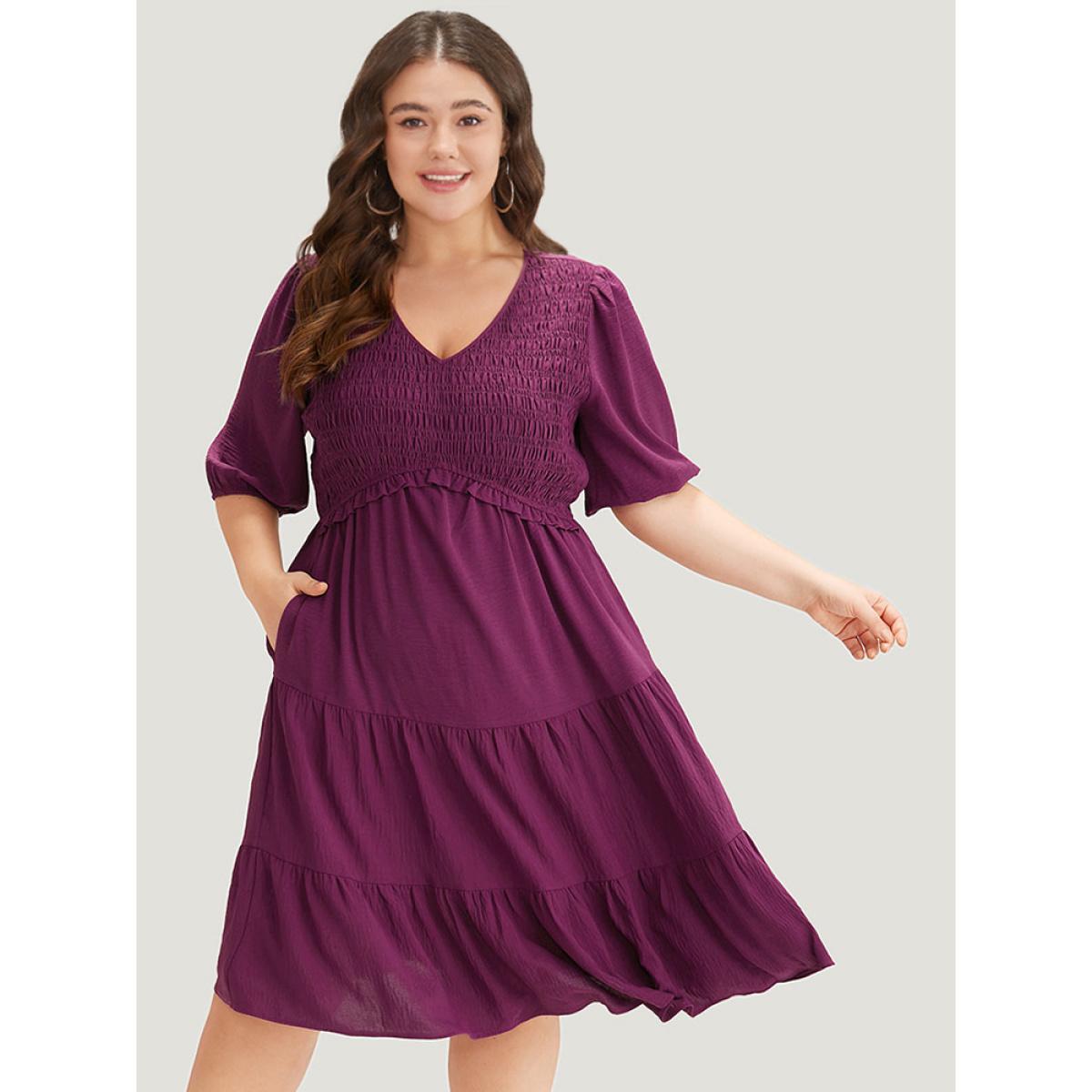 Plus Size Solid Shirred Pocket Frill Trim Layered Dress Purple Women Elegant Plain V-neck Short sleeve Curvy Midi Dress BloomChic 14-16/1X Product Image