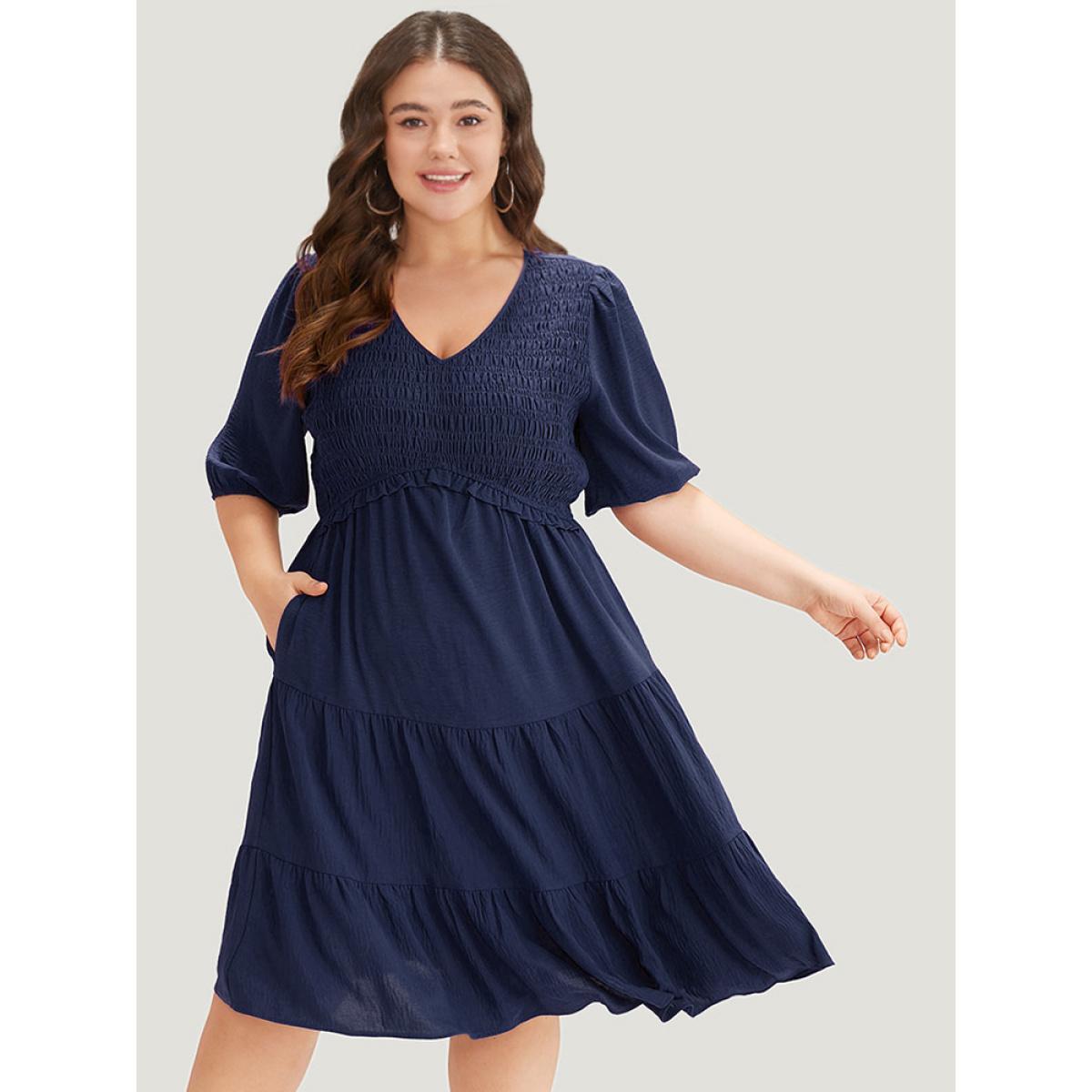 Plus Size Solid Shirred Pocket Frill Trim Layered Dress DarkBlue Women Elegant Plain V-neck Short sleeve Curvy Midi Dress BloomChic 18-20/2X Product Image
