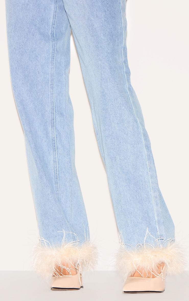 Blue Feather Trim Straight Leg Jeans Product Image