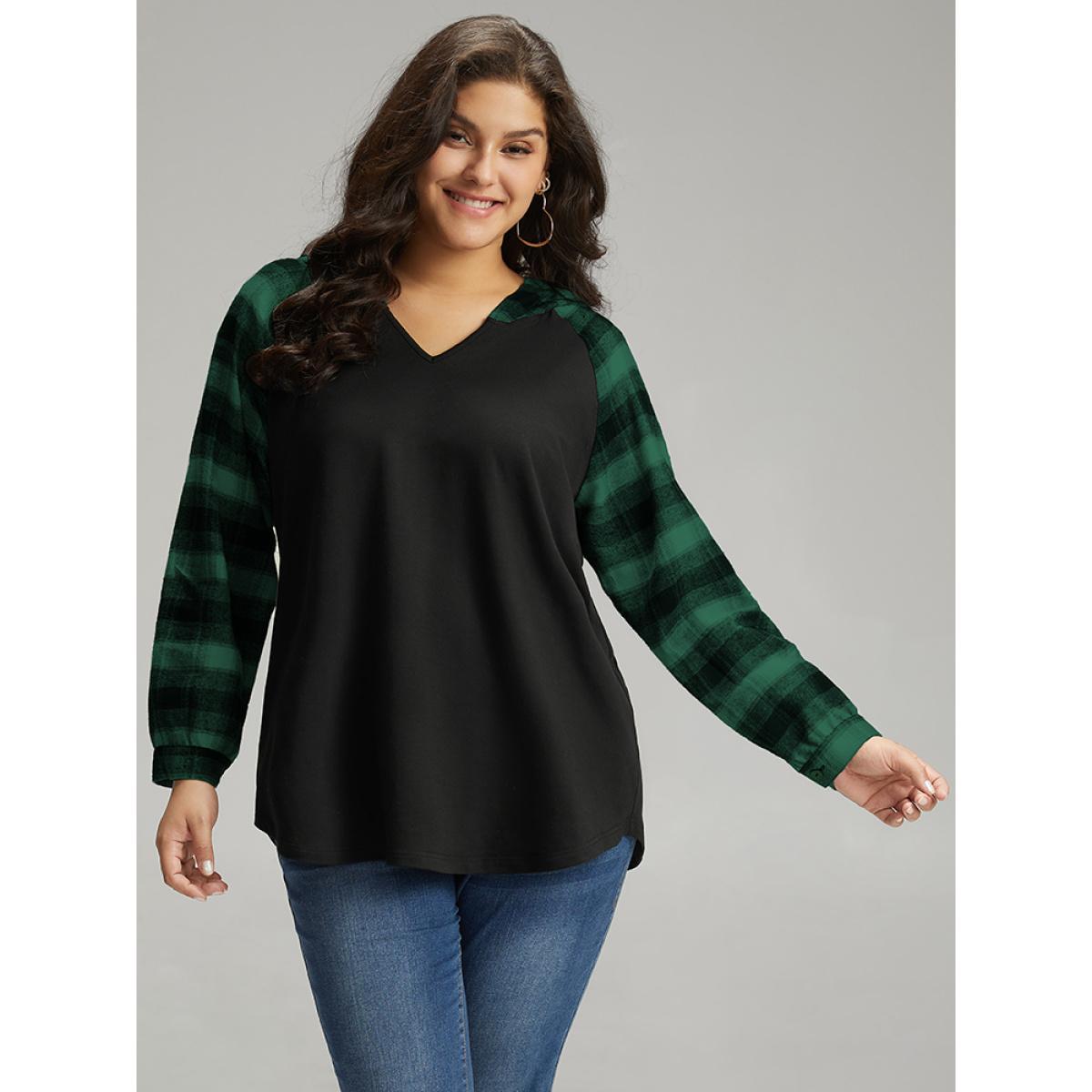 Plus Size Plaid Print Hooded Patchwork Sweatshirt Women Green Casual Patchwork Hooded Everyday Sweatshirts BloomChic 14-16/1X Product Image