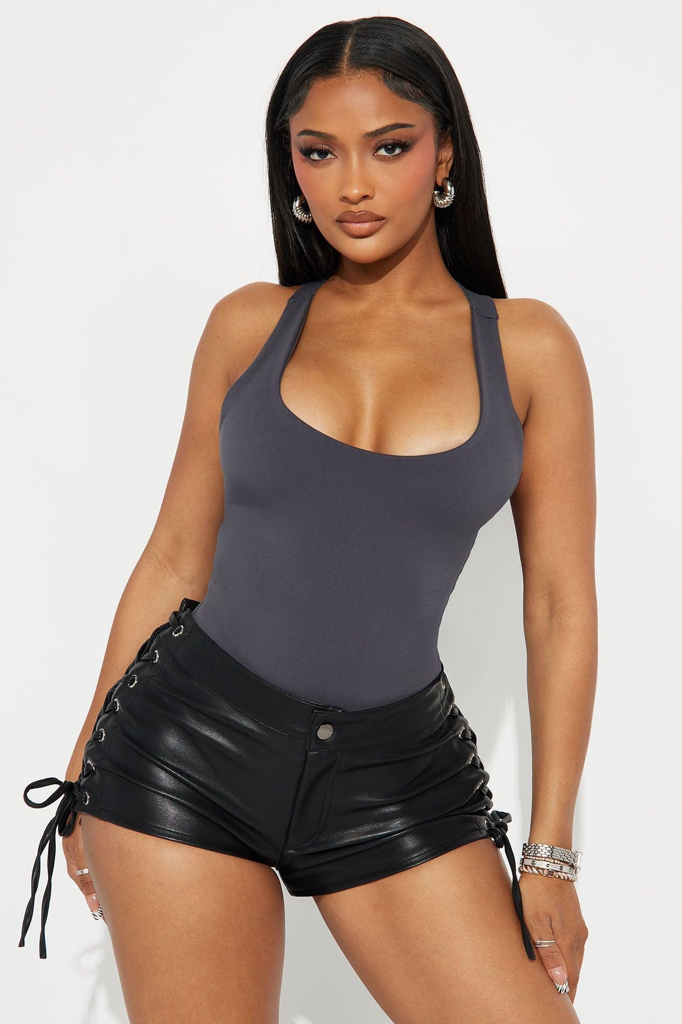 Sarafiena Double Lined Scoop Neck Bodysuit - Charcoal Product Image