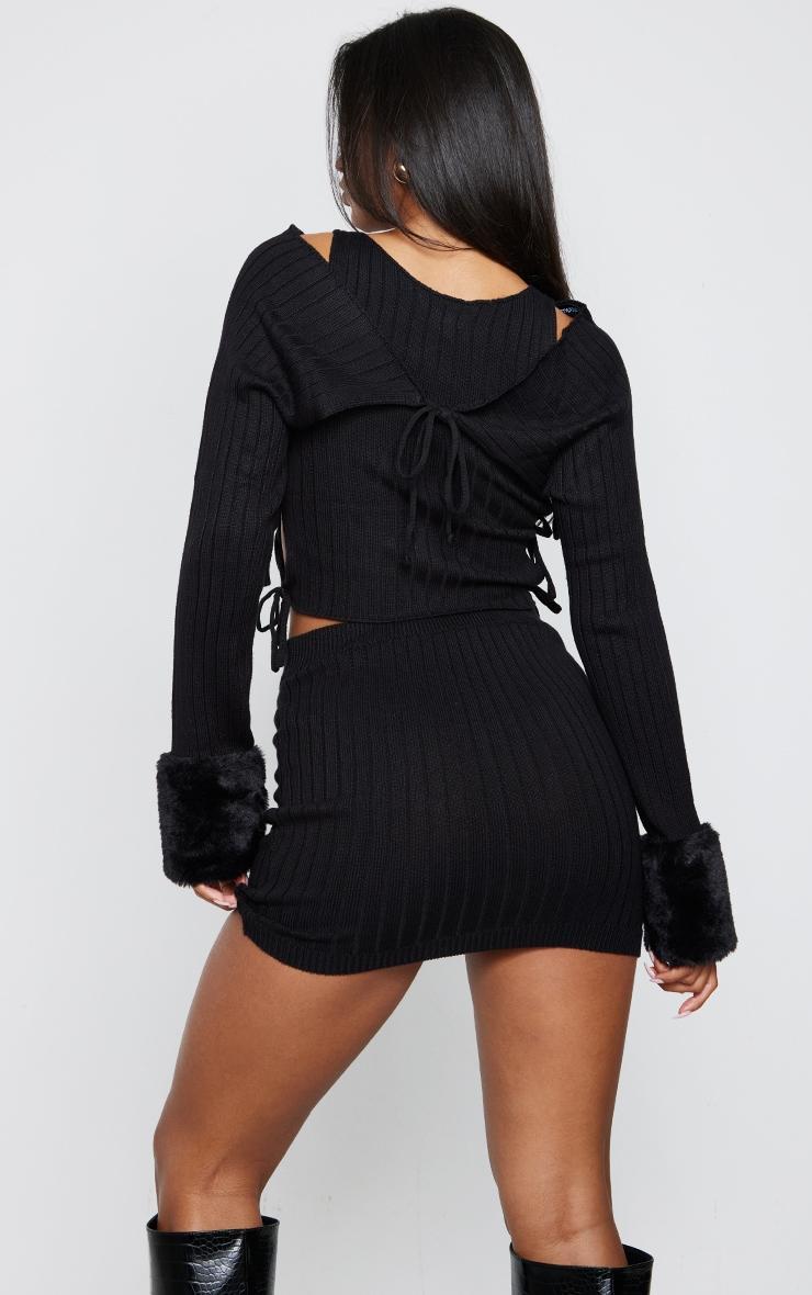 Black Knit Lace Up Crop Top & Mini Skirt & Faux Fur Sleeves Product Image