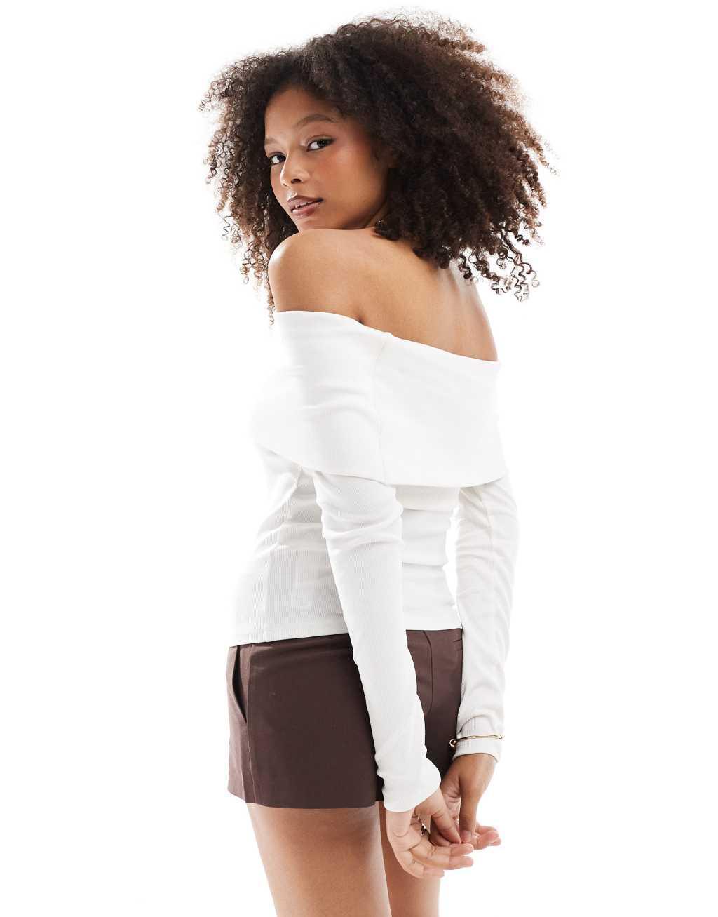 Miss Selfridge rib deep fold over bardot top in cream Product Image