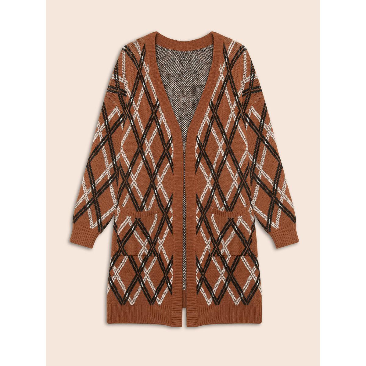 Plus Size Plaid Pocket Drop Shoulder Sleeve Cardigan Yellowishbrown Women Casual Loose Long Sleeve Everyday Cardigans BloomChic 28/5X Product Image