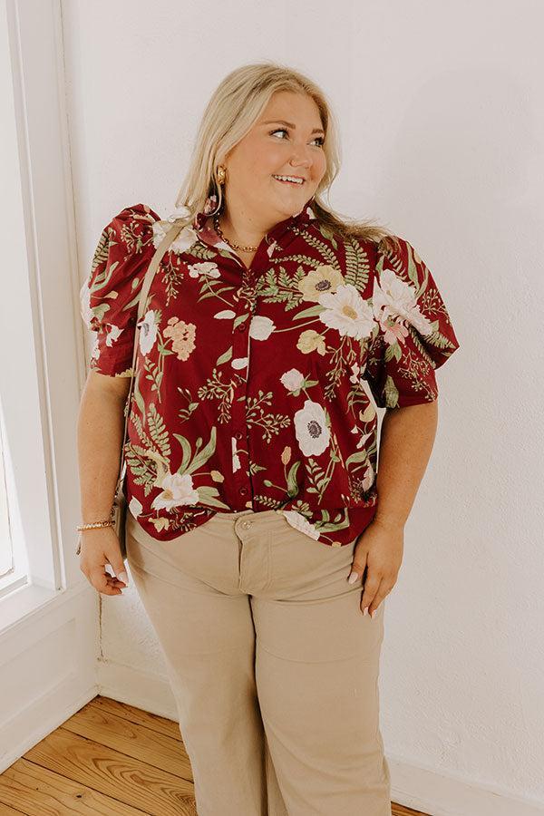 Dreaming Of Dahlias Button Up Top in Wine Curves Product Image
