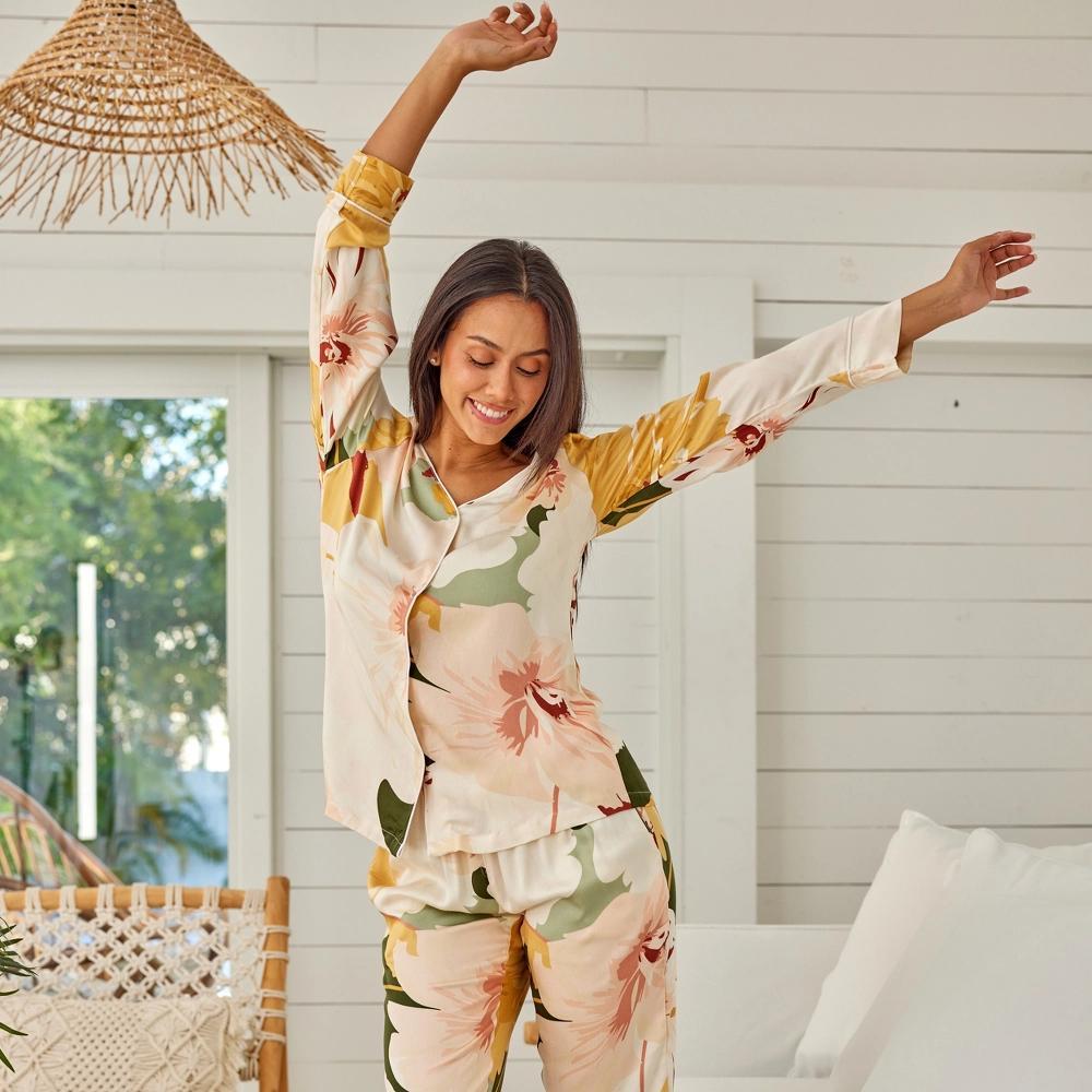 ADR Women's Pajamas Lounge Set, Long Sleeve Top and Pants with Pockets, Viscose Pjs Floral Flowers Product Image