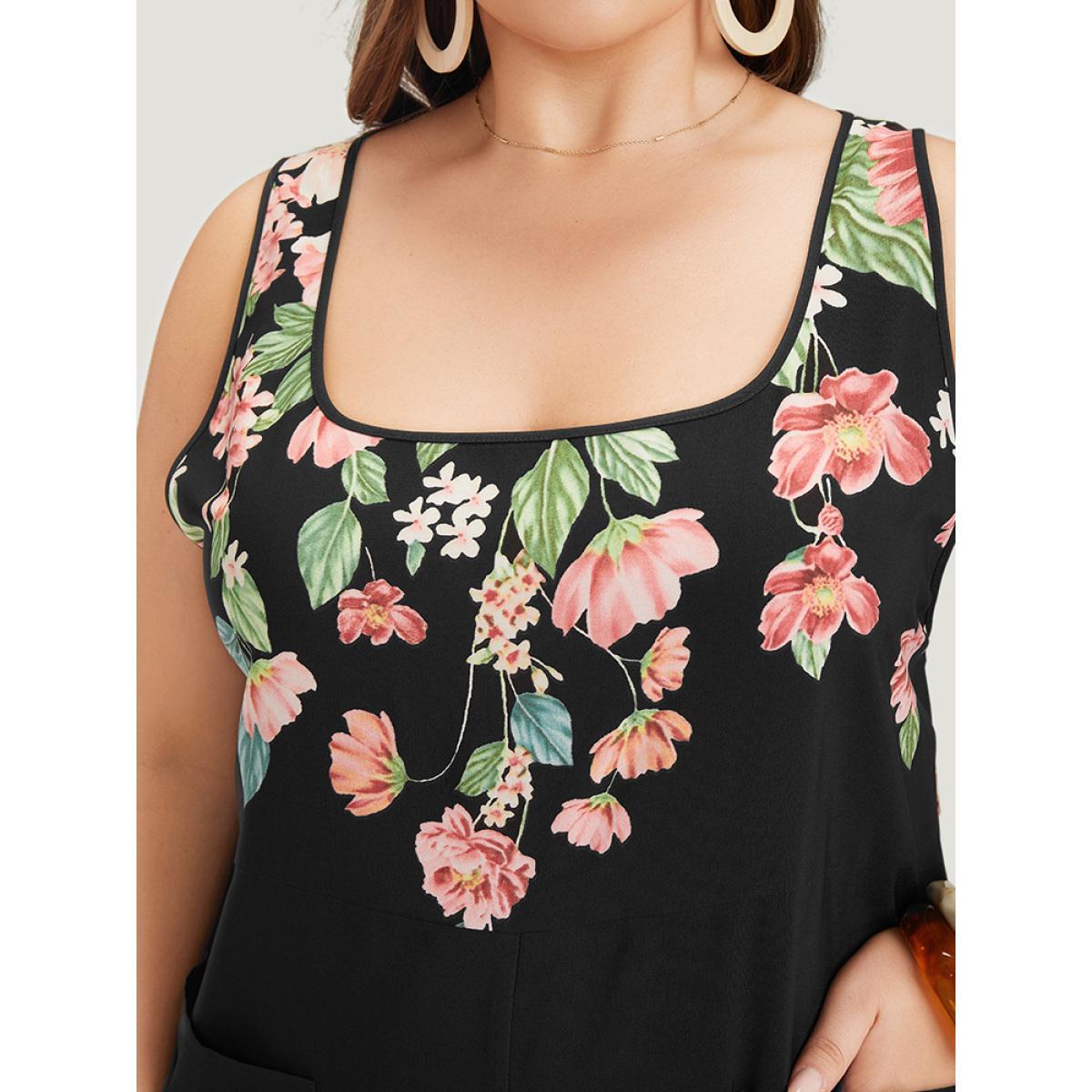 Plus Size Black Floral Square Neck Zip Back Pocket Jumpsuit Women Elegant Sleeveless Square Neck Dailywear Loose Jumpsuits BloomChic 26/4X Product Image