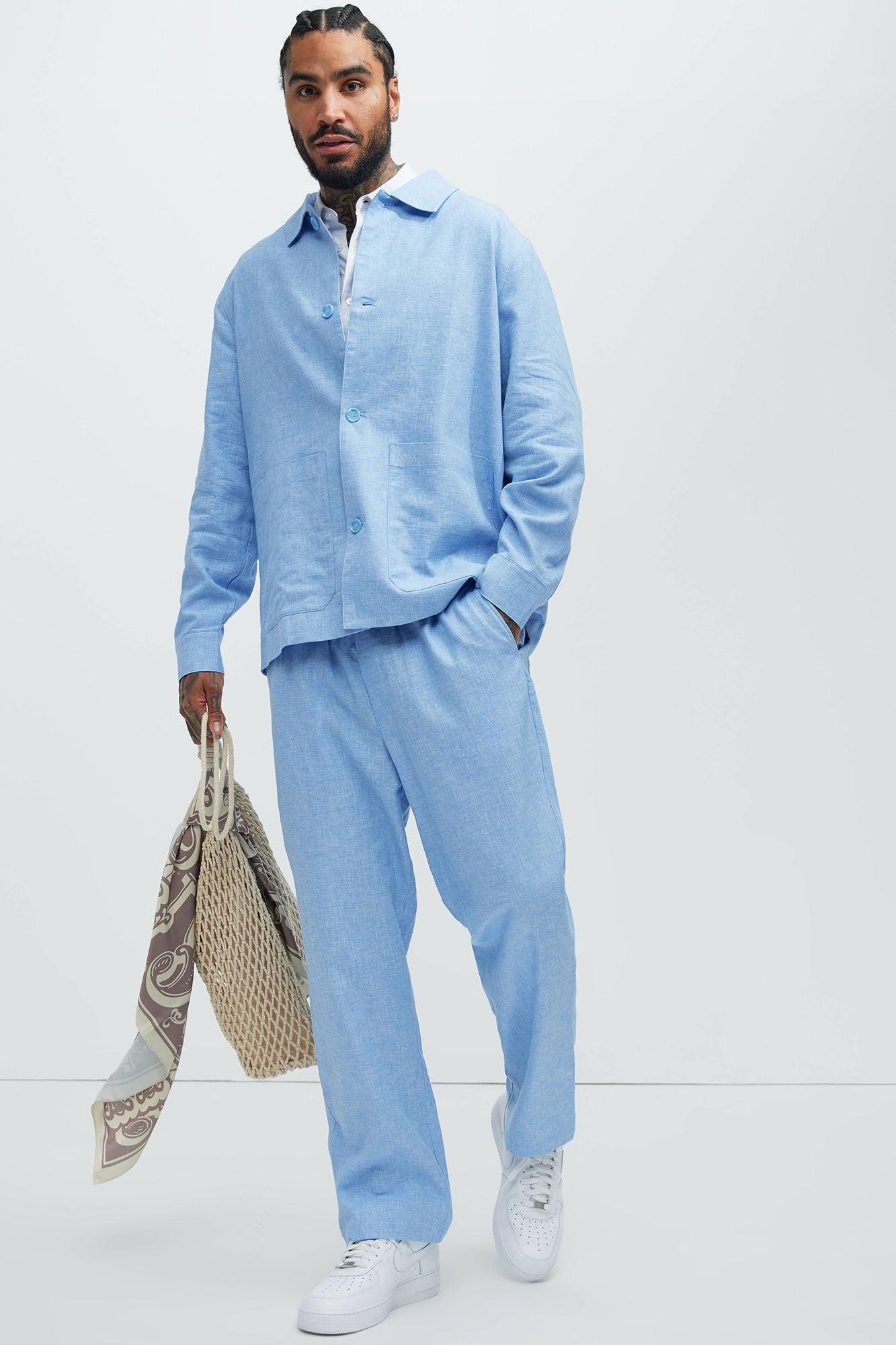 Bahamas Straight Linen Pants - IceBlue Product Image