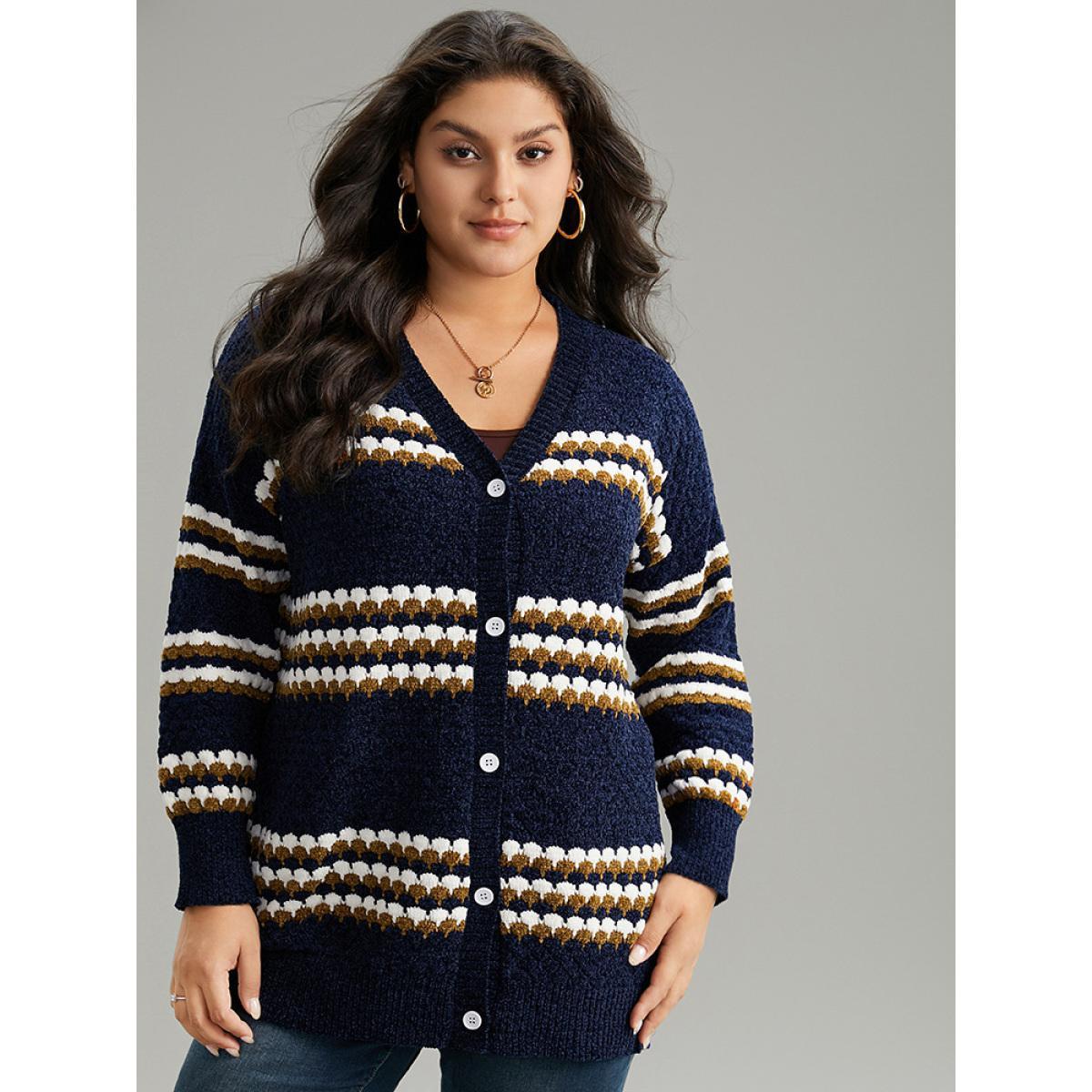 Plus Size Chenille Geo Button Through Cardigan Multicolor Women Casual Loose Long Sleeve Dailywear Cardigans BloomChic 12/L Product Image