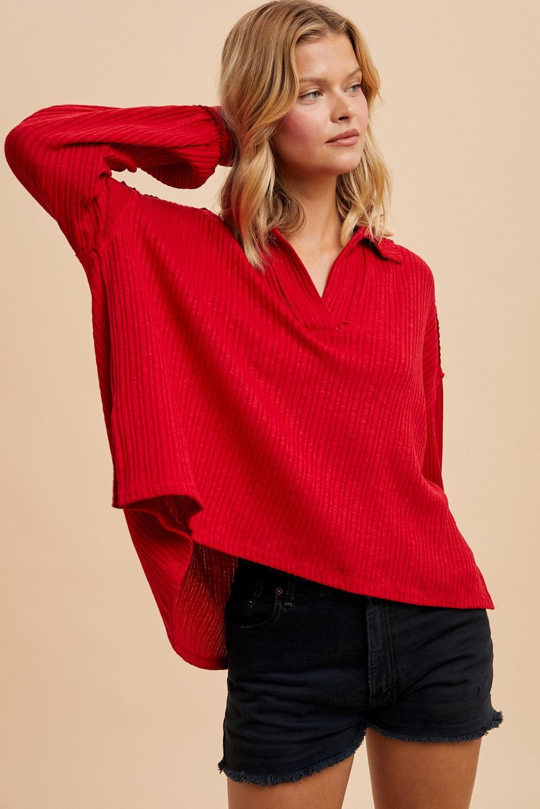 QUARTER SPLIT RIBBED POLO TOP Product Image