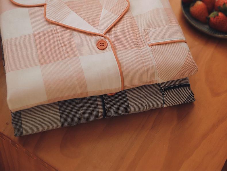 Couple Matching Pajama Set: Long-Sleeve Lapel Collar Gingham Button-Up Top + Pants Product Image