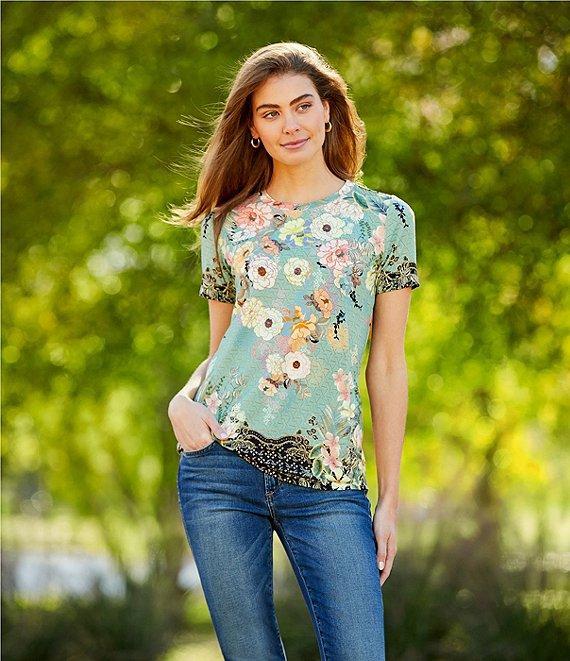 JOHNNY WAS Millay Floral Print Crew Neck Short Sleeve Bamboo Knit Jersey Tee Shirt Product Image