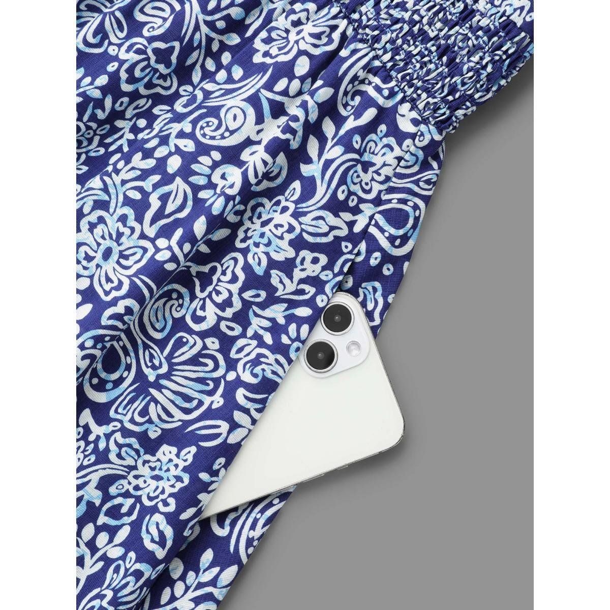 Plus Size V-Neck Paisley Print Smocked Waist Dress DarkBlue Women Resort Non V-neck Elbow-length sleeve Curvy BloomChic 22-24/3X Product Image