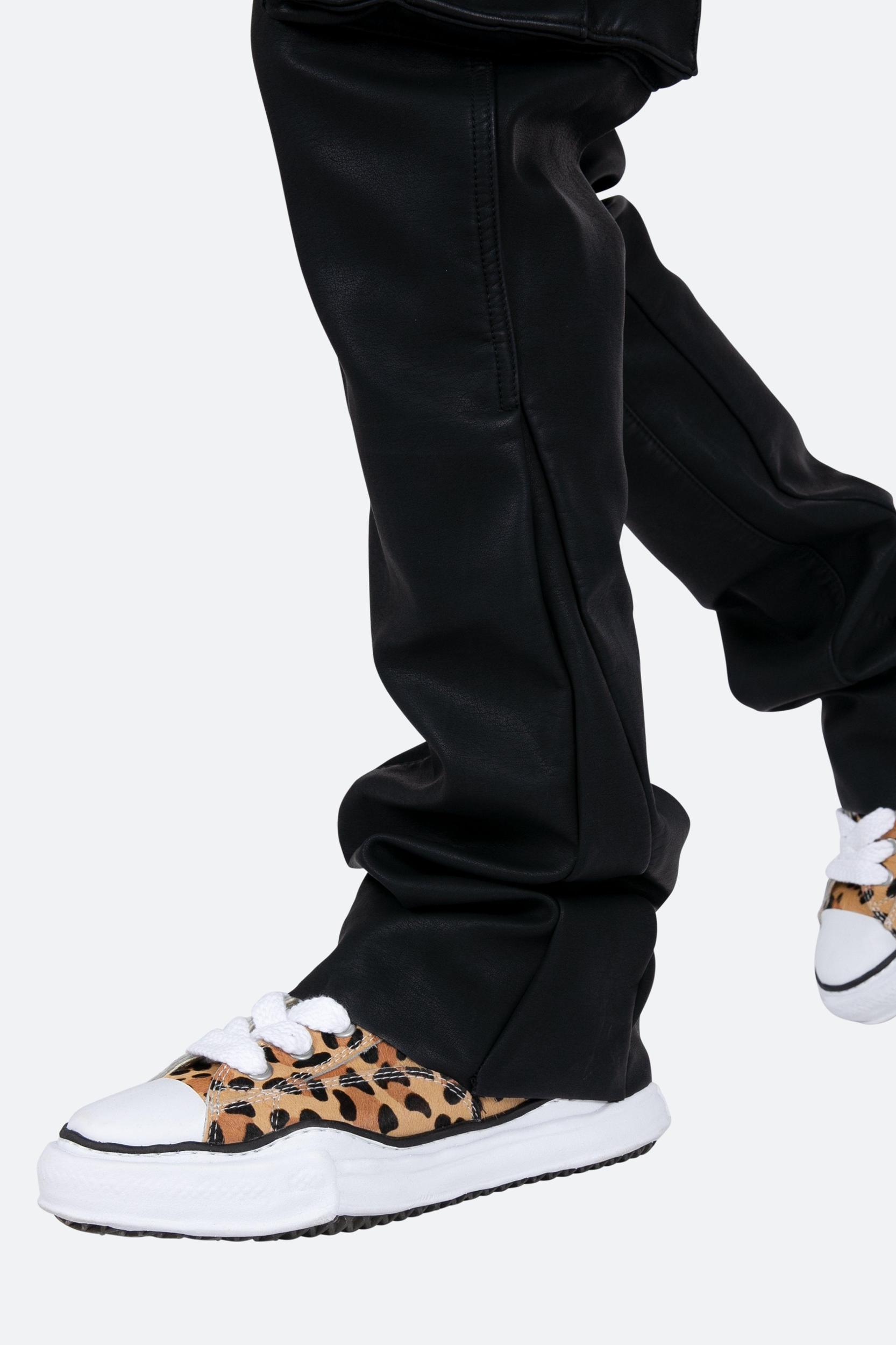 B449 Leather Cargo Flare Pants - Black Product Image