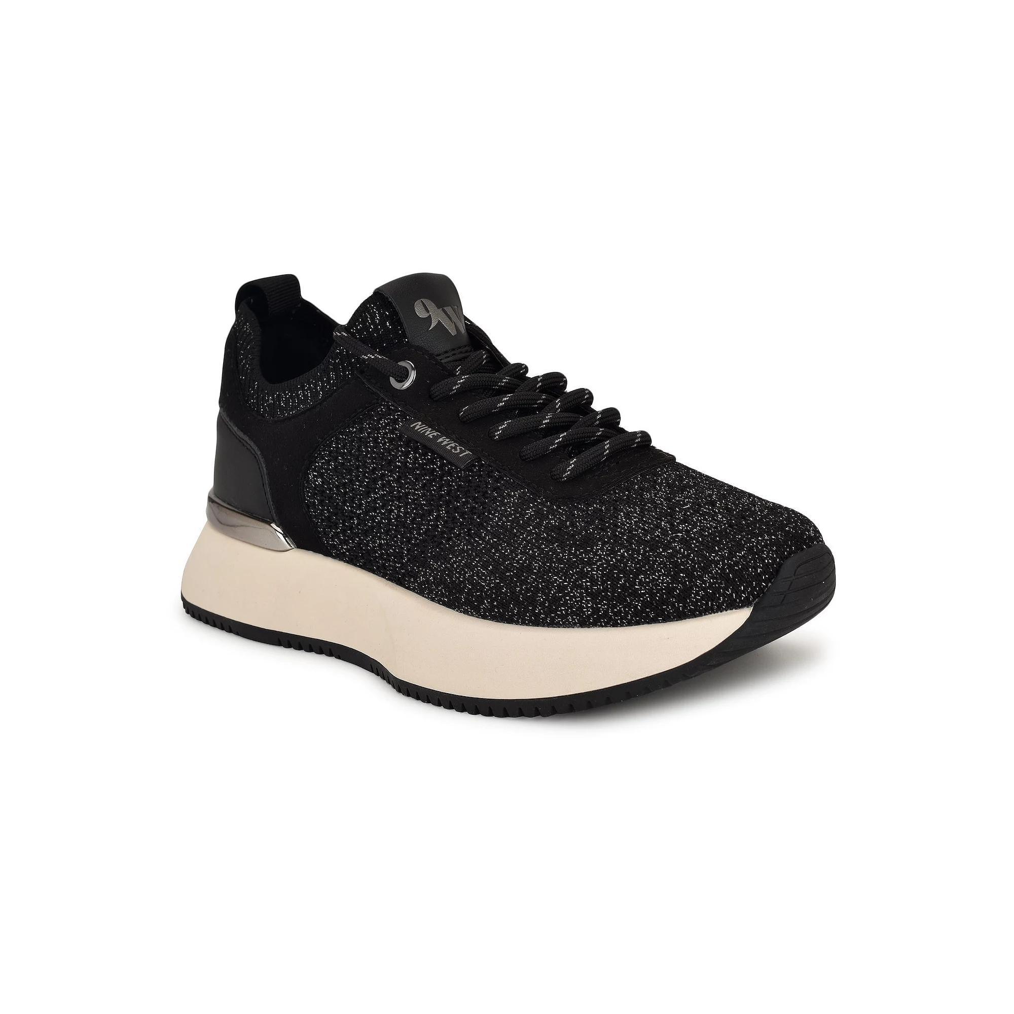 Nine West Freska Casual Lace-Up Round Toe Sneakers, Women's, Size: 5.5, Black Silver Product Image