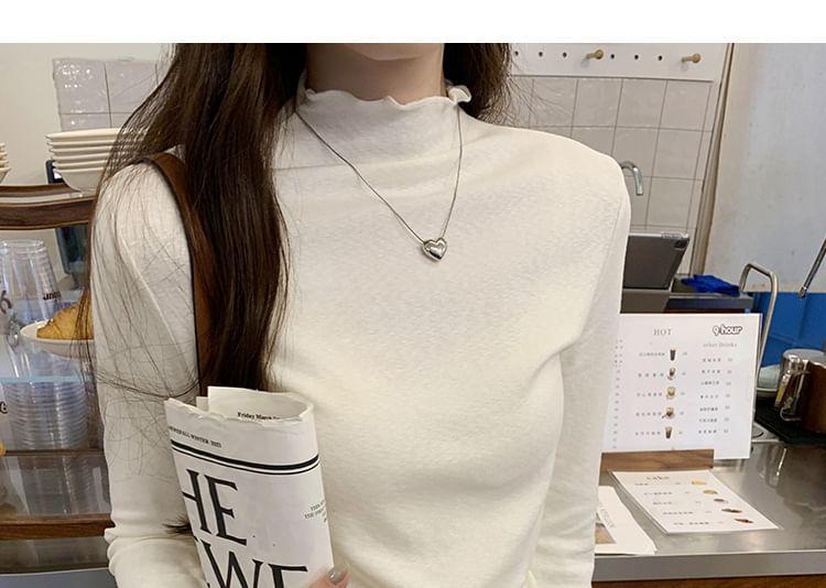 Long-Sleeve Mock Neck Frill Trim Plain T-Shirt Product Image