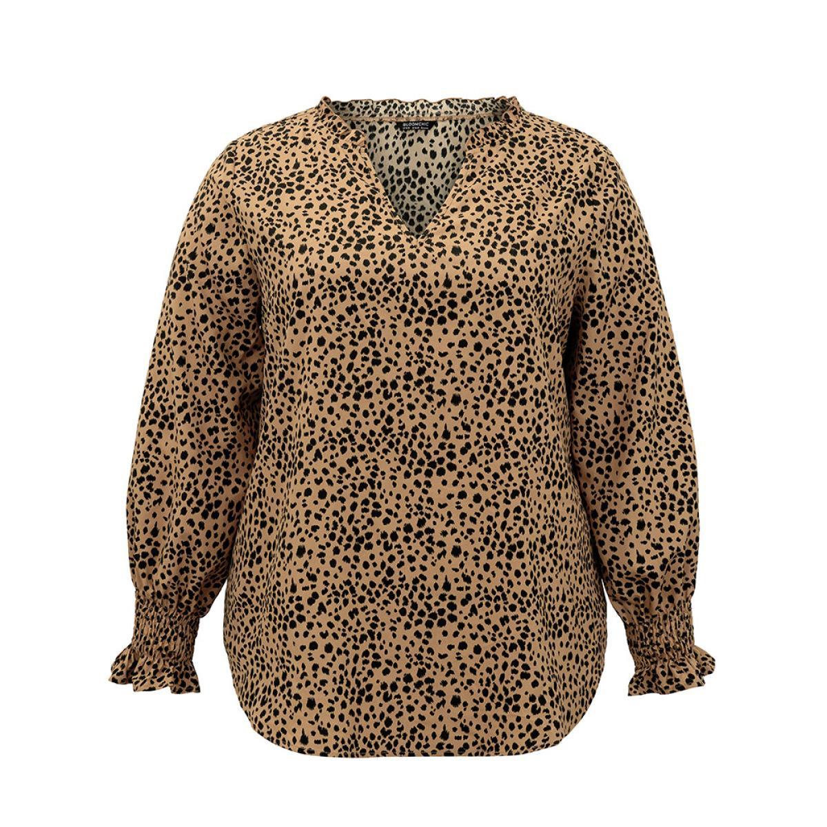 Plus Size Brown Leopard Shirred Notched Lantern Sleeve Blouse Women Elegant Long Sleeve Notched collar Dailywear Blouses BloomChic 10/M Product Image